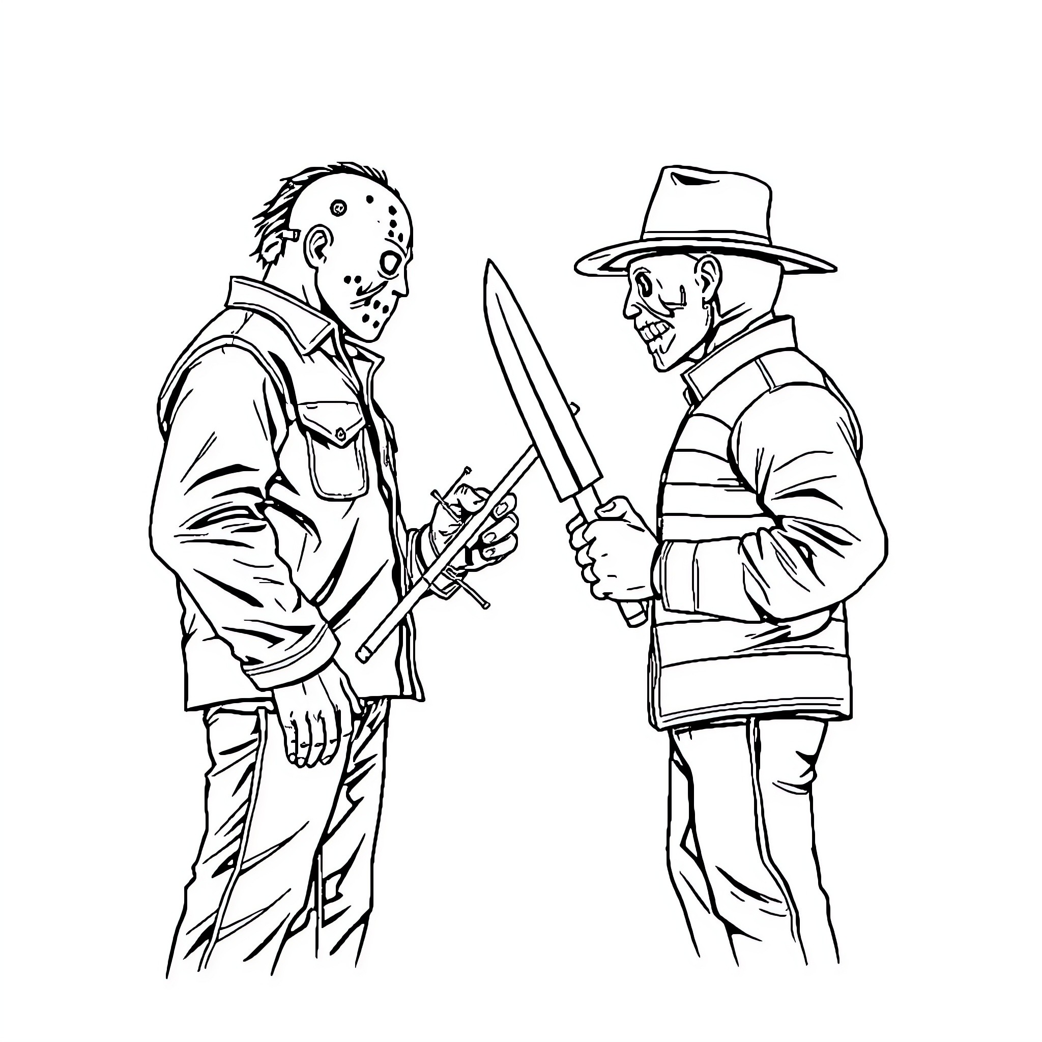Jason faces off against the villain in an intense standoff Coloring Page (free black-and-white line drawing printable PDF for all, from beginners to advanced learners, including children, teens, adults, and seniors)