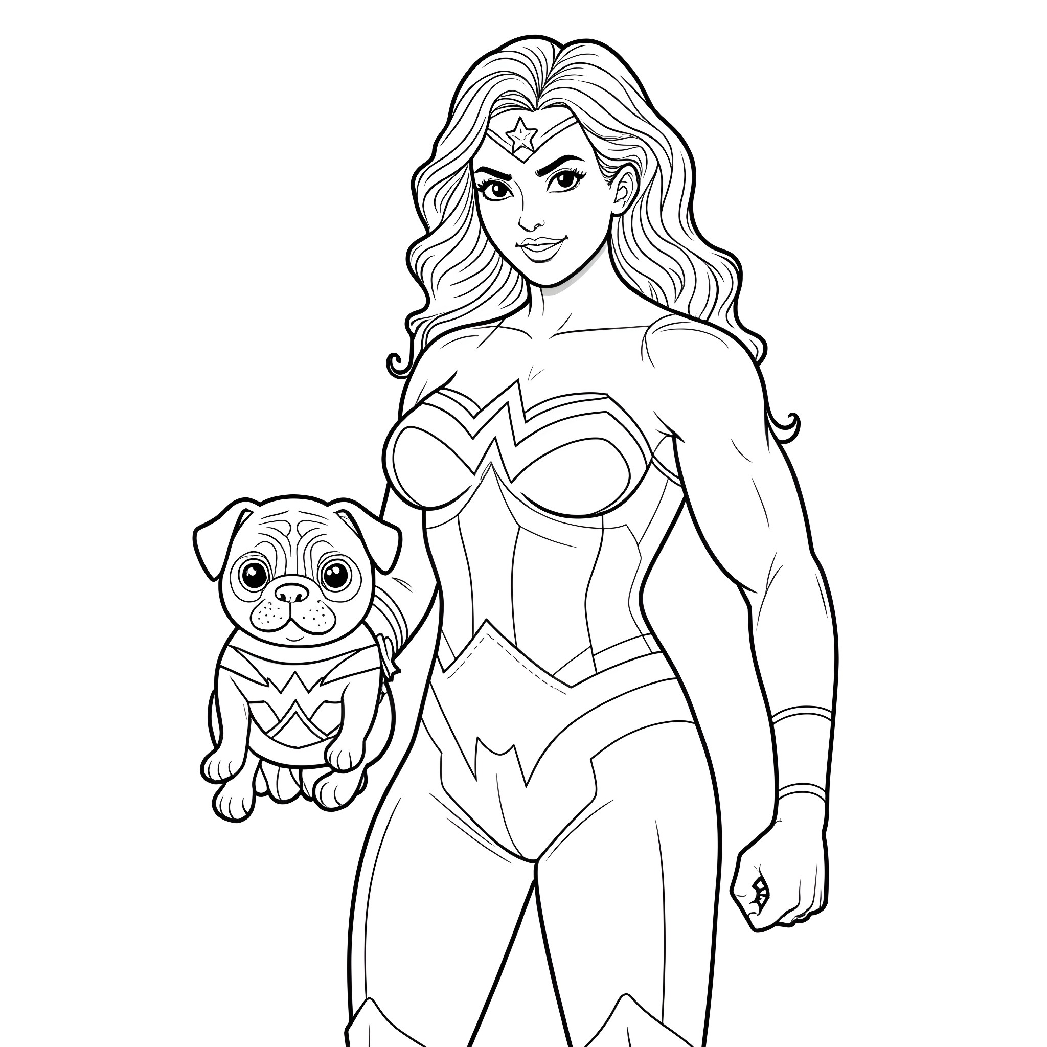 Wonder Woman in Action with Her Sidekick Pup Coloring Page (free black-and-white line drawing printable PDF for all, from beginners to advanced learners, including children, teens, adults, and seniors)