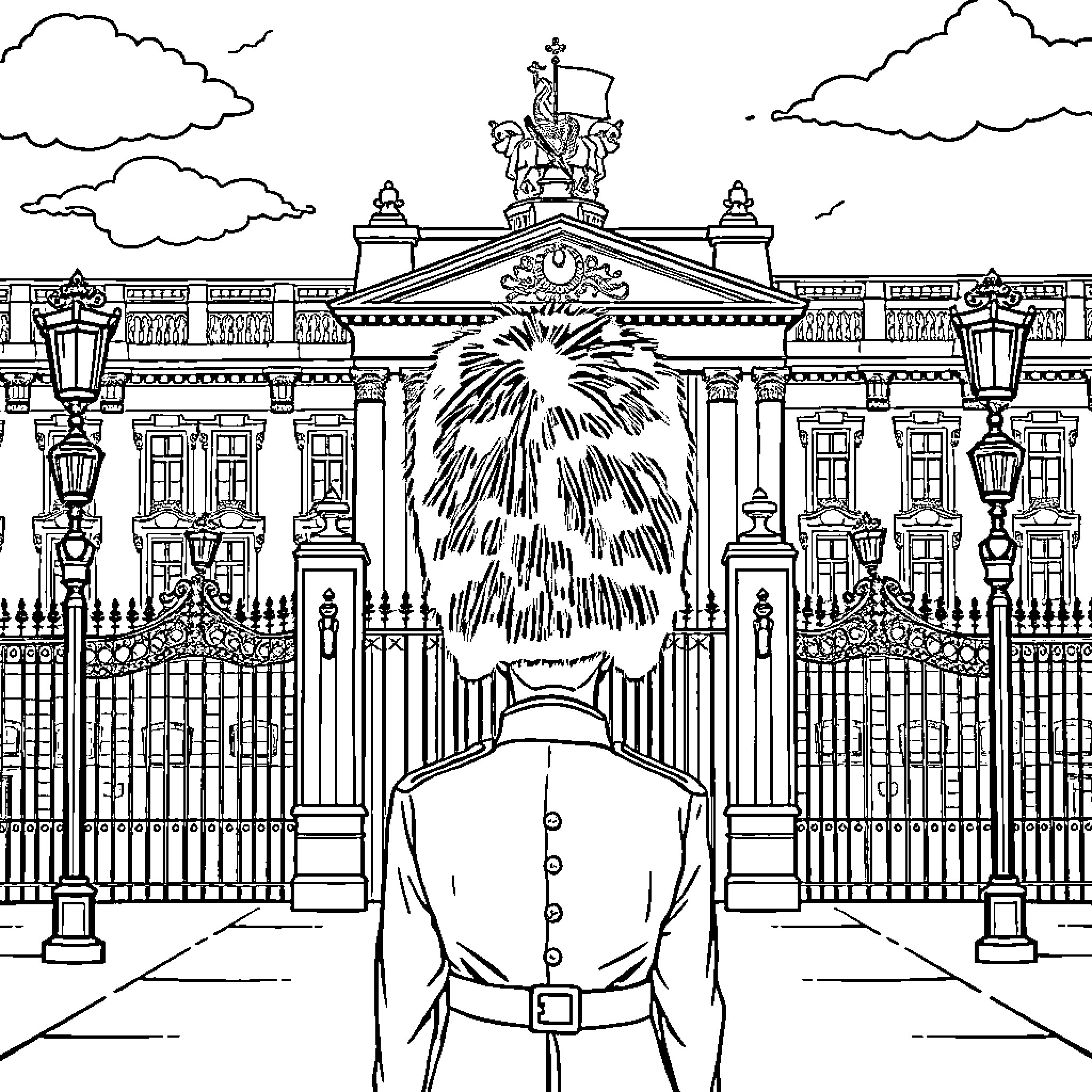 Queen's Guard in ornate uniform at palace gate Coloring Page (free black-and-white line drawing printable PDF for all, from beginners to advanced learners, including children, teens, adults, and seniors)