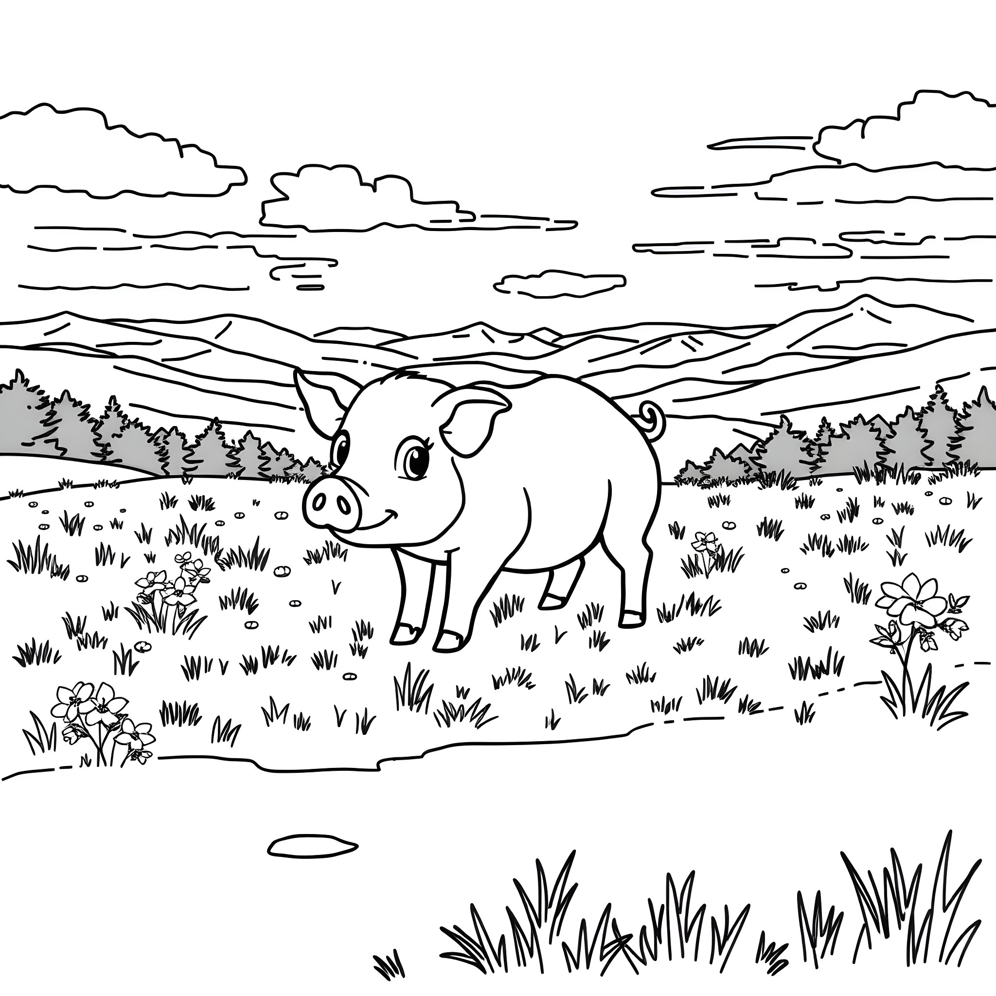 Pig exploring the countryside landscape Coloring Page (free black-and-white line drawing printable PDF for all, from beginners to advanced learners, including children, teens, adults, and seniors)