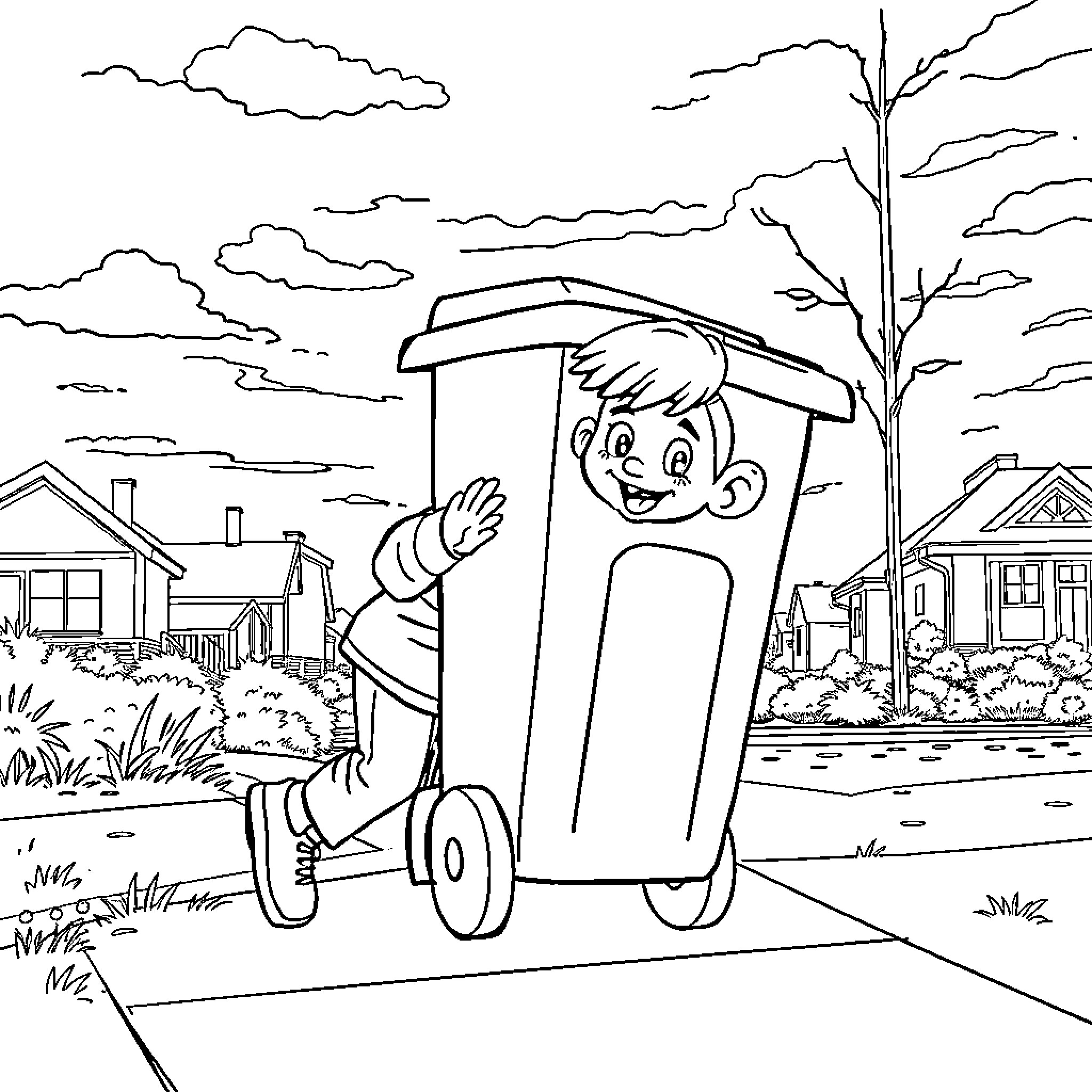 Christy riding a trash can on a neighborhood street Coloring Page (free black-and-white line drawing printable PDF for all, from beginners to advanced learners, including children, teens, adults, and seniors)