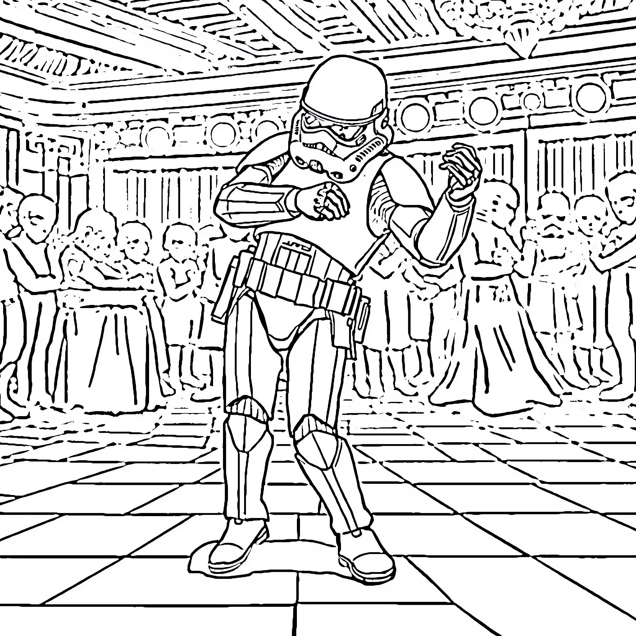 Stormtrooper's Awkward Dance at Imperial Ball Coloring Page (free black-and-white line drawing printable PDF for all, from beginners to advanced learners, including children, teens, adults, and seniors)