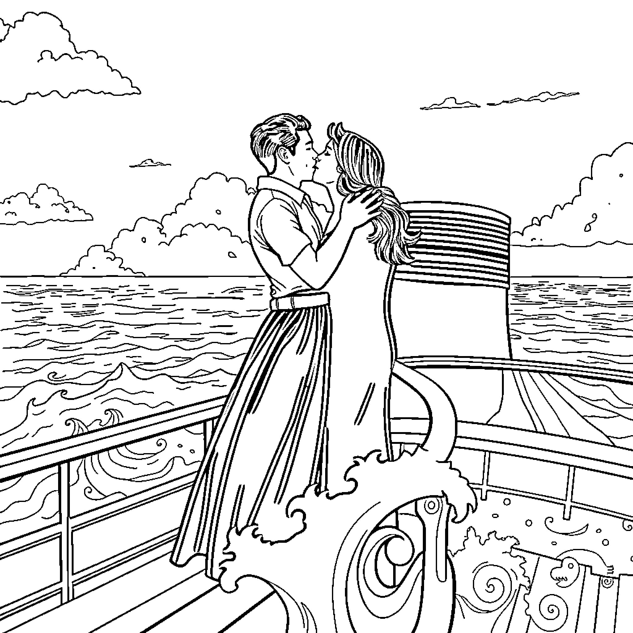 Couple embracing on a romantic cruise ship deck Coloring Page (free black-and-white line drawing printable PDF for all, from beginners to advanced learners, including children, teens, adults, and seniors)