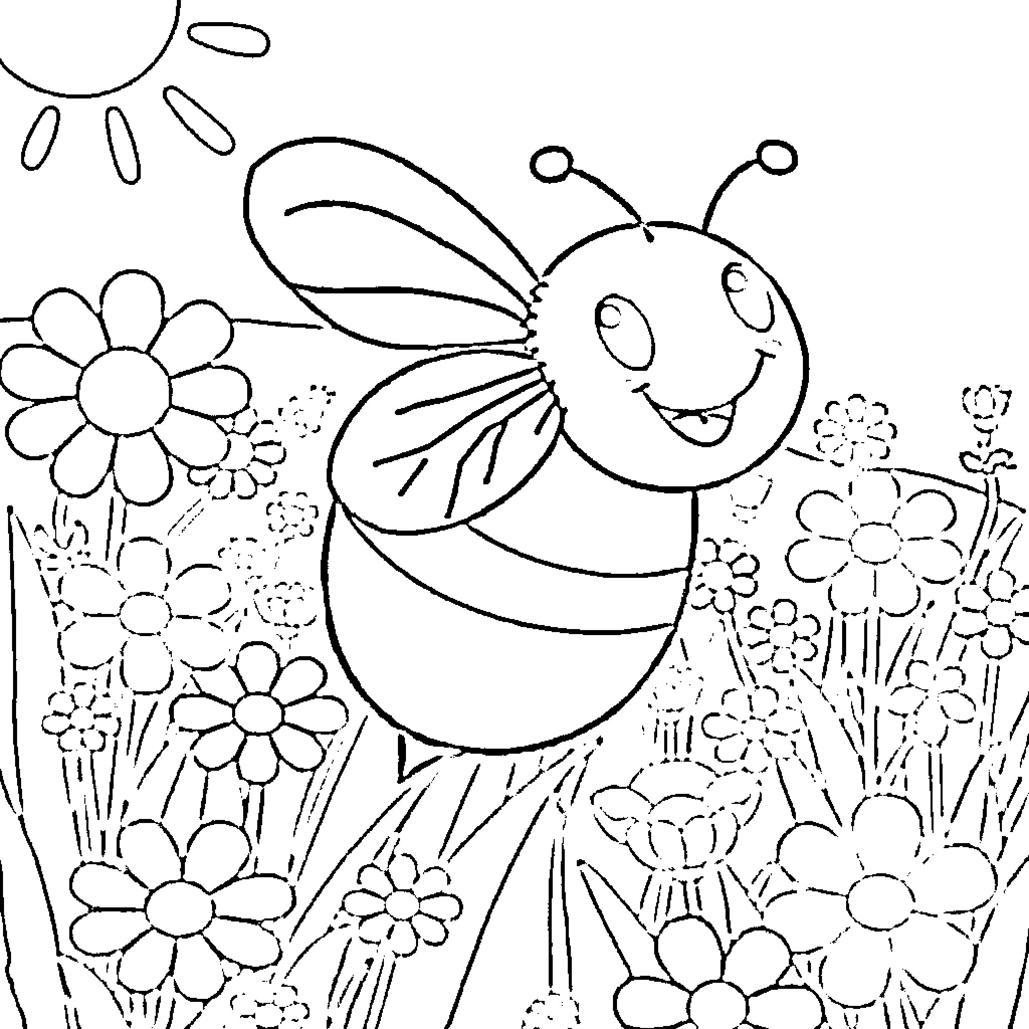 Maya the Bee flying amidst colorful flowers Coloring Page (free black-and-white line drawing printable PDF for all, from beginners to advanced learners, including children, teens, adults, and seniors)