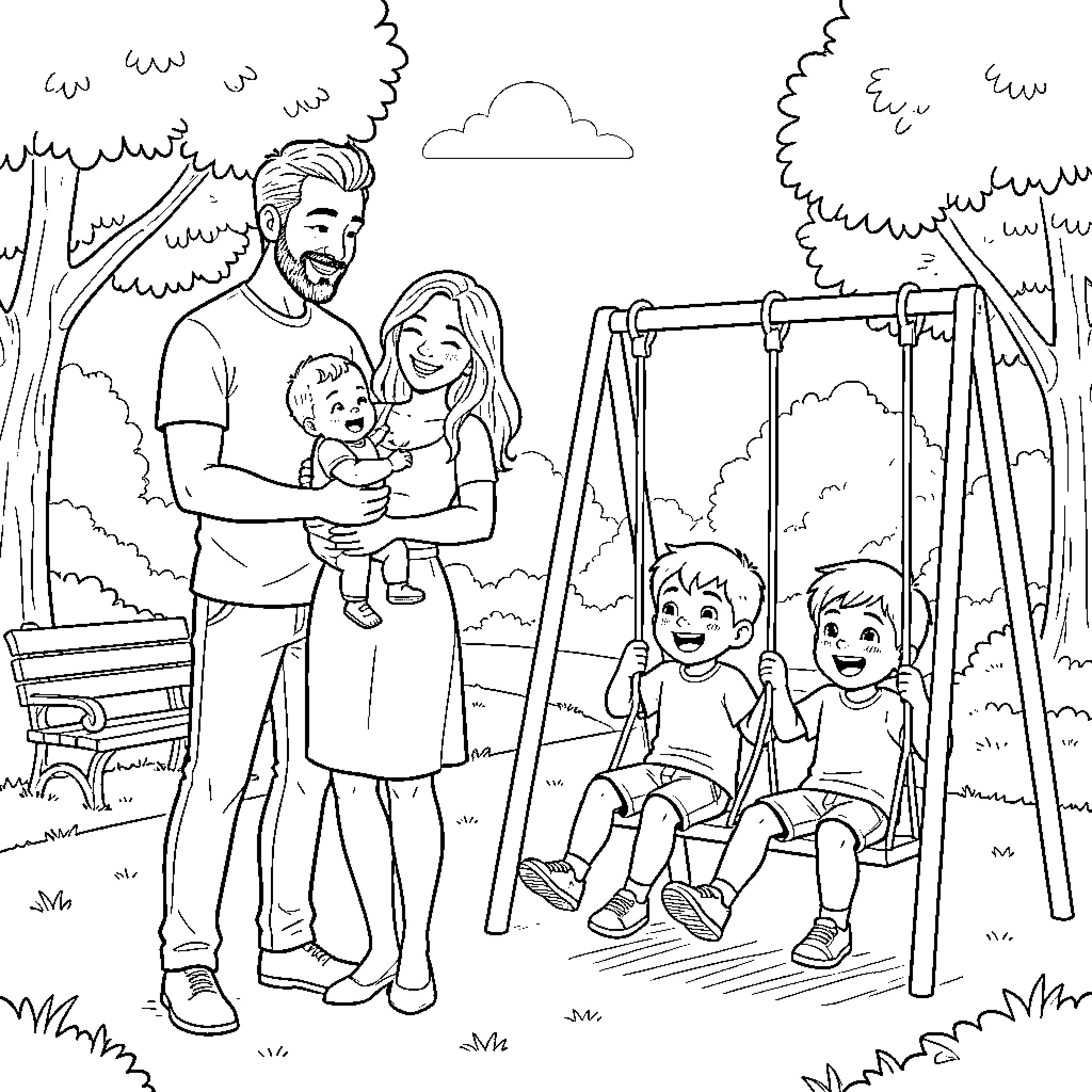 Family enjoying quality time together in park Coloring Page (free black-and-white line drawing printable PDF for all, from beginners to advanced learners, including children, teens, adults, and seniors)