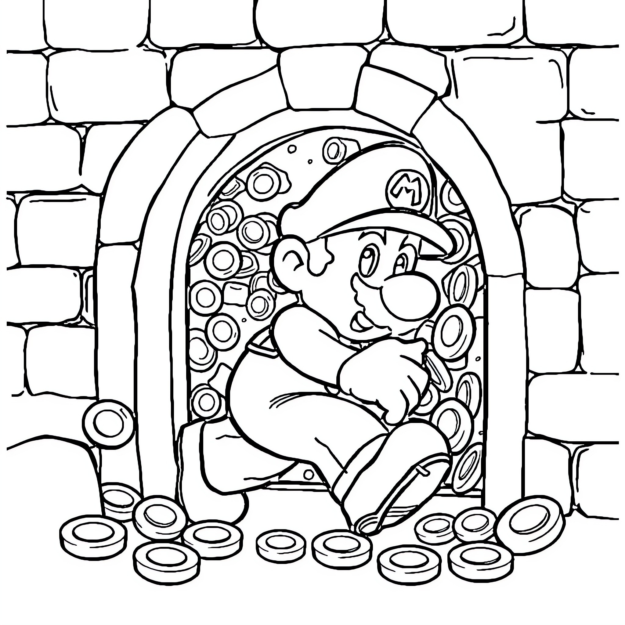 Mario in a Stained Glass Window Coloring Page (free black-and-white line drawing printable PDF for all, from beginners to advanced learners, including children, teens, adults, and seniors)