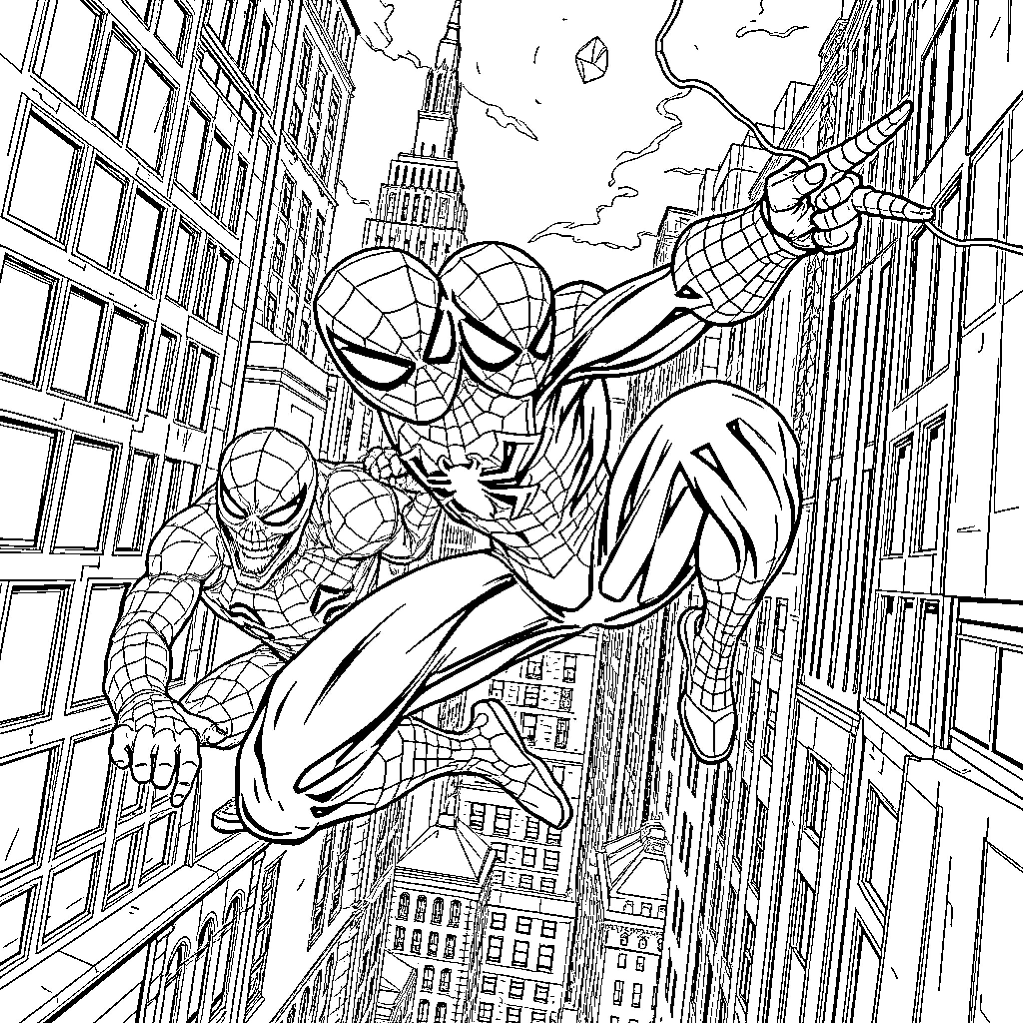 Spiderman and friends swinging through the city Coloring Page (free black-and-white line drawing printable PDF for all, from beginners to advanced learners, including children, teens, adults, and seniors)
