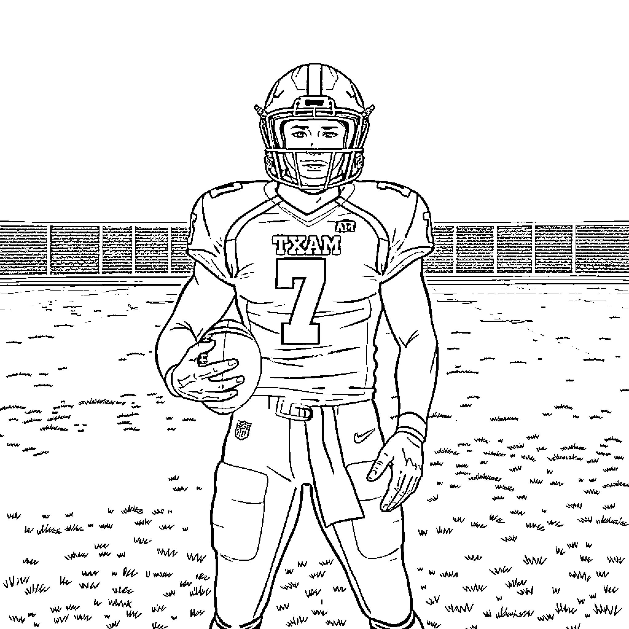 Football Player in Uniform on the Field Coloring Page (free black-and-white line drawing printable PDF for all, from beginners to advanced learners, including children, teens, adults, and seniors)