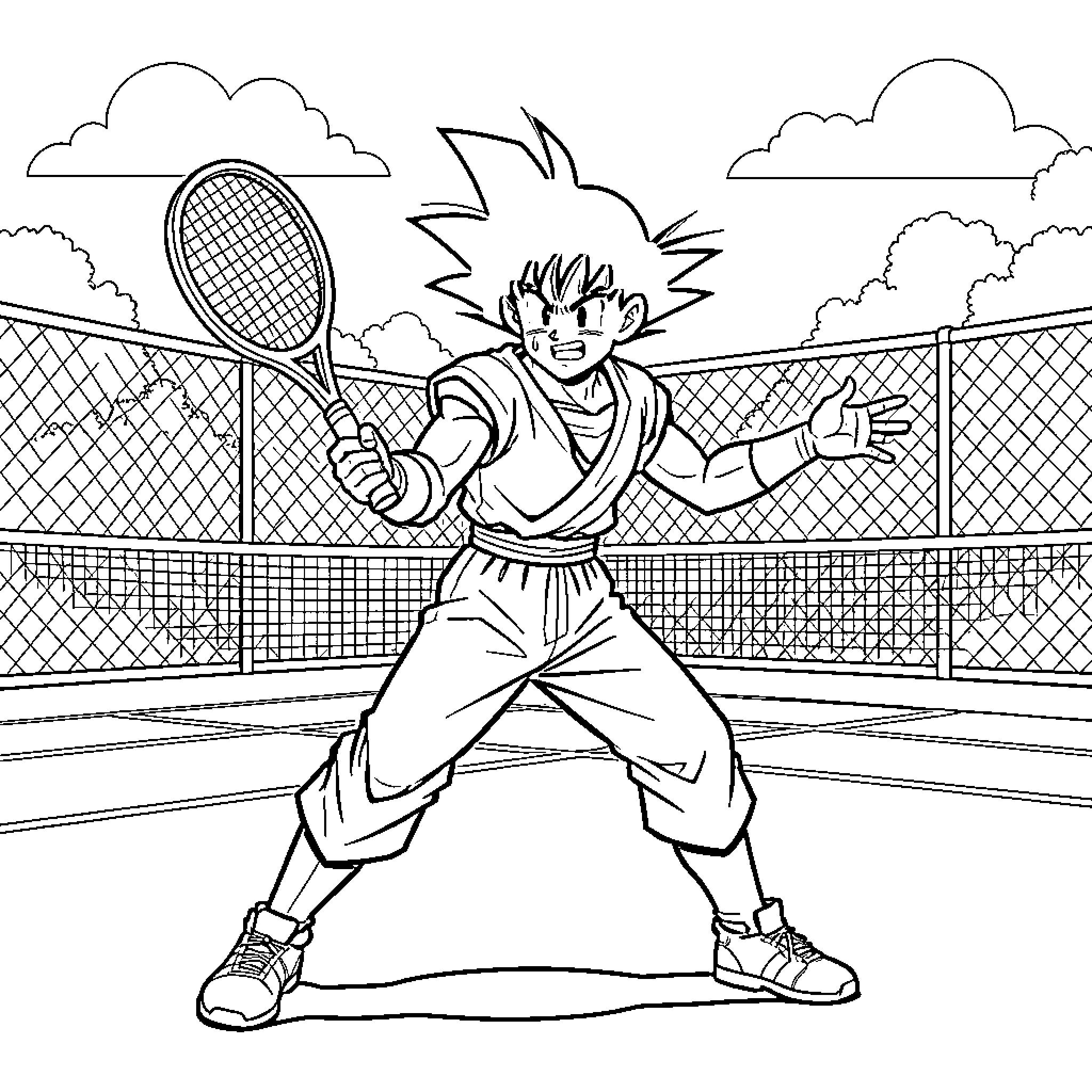 Son Goku playing tennis on a court Coloring Page (free black-and-white line drawing printable PDF for all, from beginners to advanced learners, including children, teens, adults, and seniors)