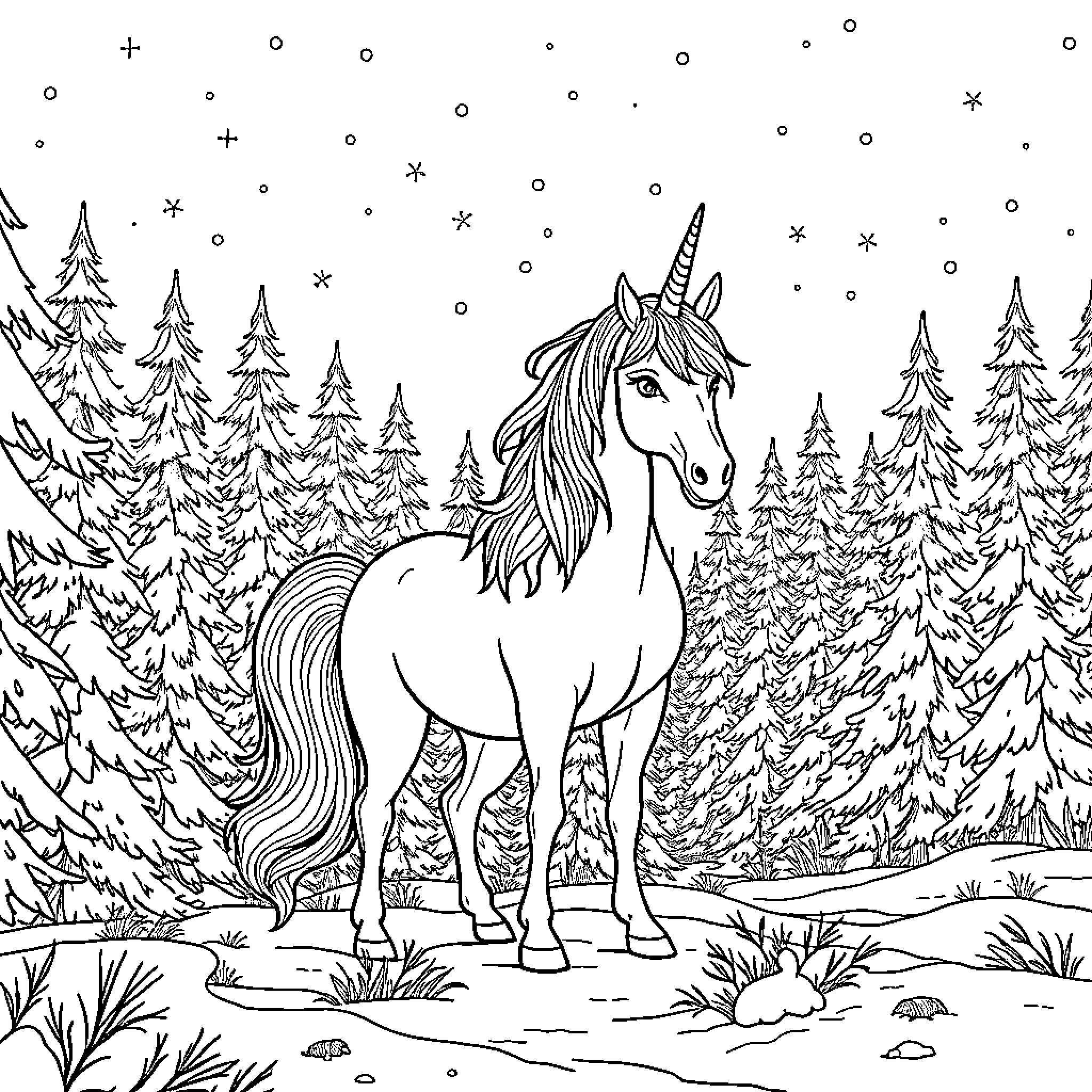 Unicorn standing proudly in a winter wonderland Coloring Page (free black-and-white line drawing printable PDF for all, from beginners to advanced learners, including children, teens, adults, and seniors)