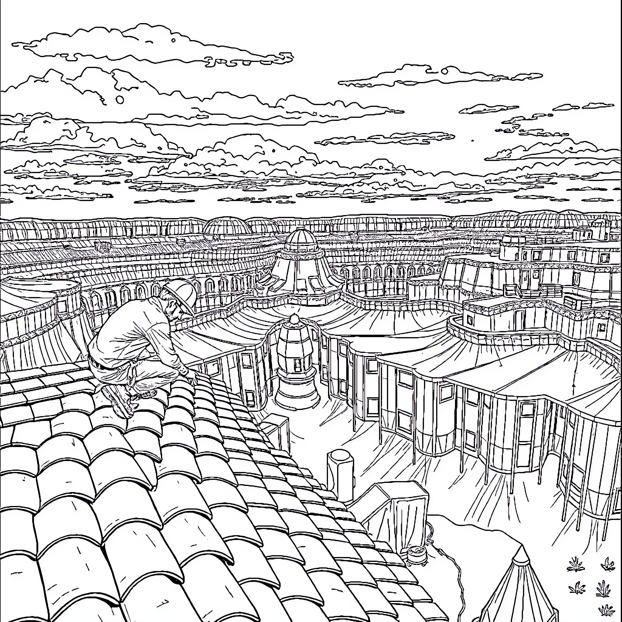 Roofer inspecting a complex of buildings Coloring Page (free black-and-white line drawing printable PDF for all, from beginners to advanced learners, including children, teens, adults, and seniors)