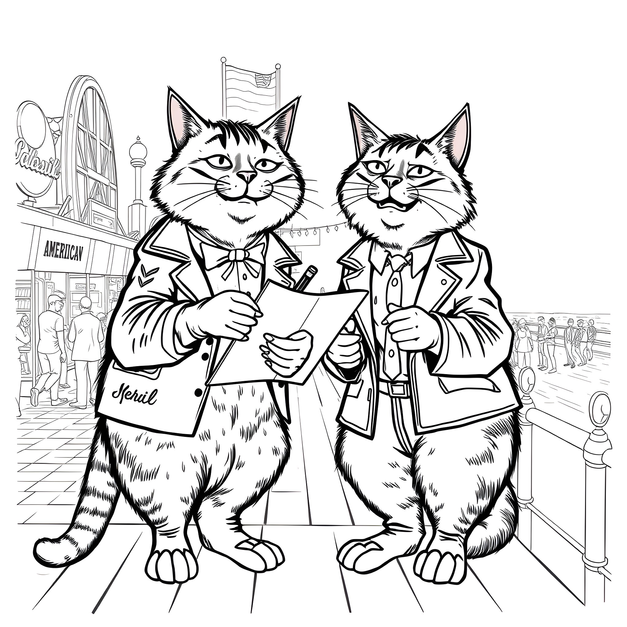 Cats dressed in suits strolling down city street Coloring Page (free black-and-white line drawing printable PDF for all, from beginners to advanced learners, including children, teens, adults, and seniors)