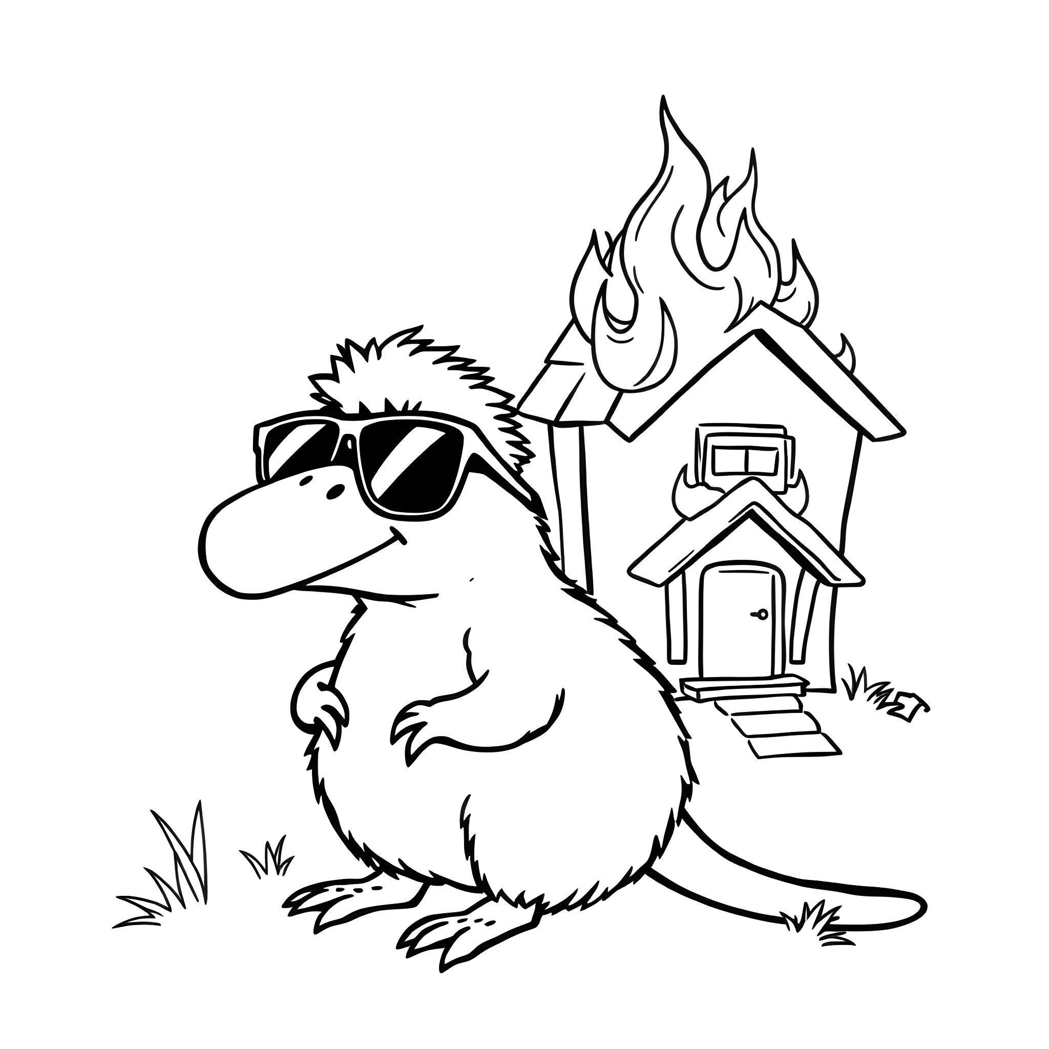 Platypus relaxing by a burning house Coloring Page (free black-and-white line drawing printable PDF for all, from beginners to advanced learners, including children, teens, adults, and seniors)