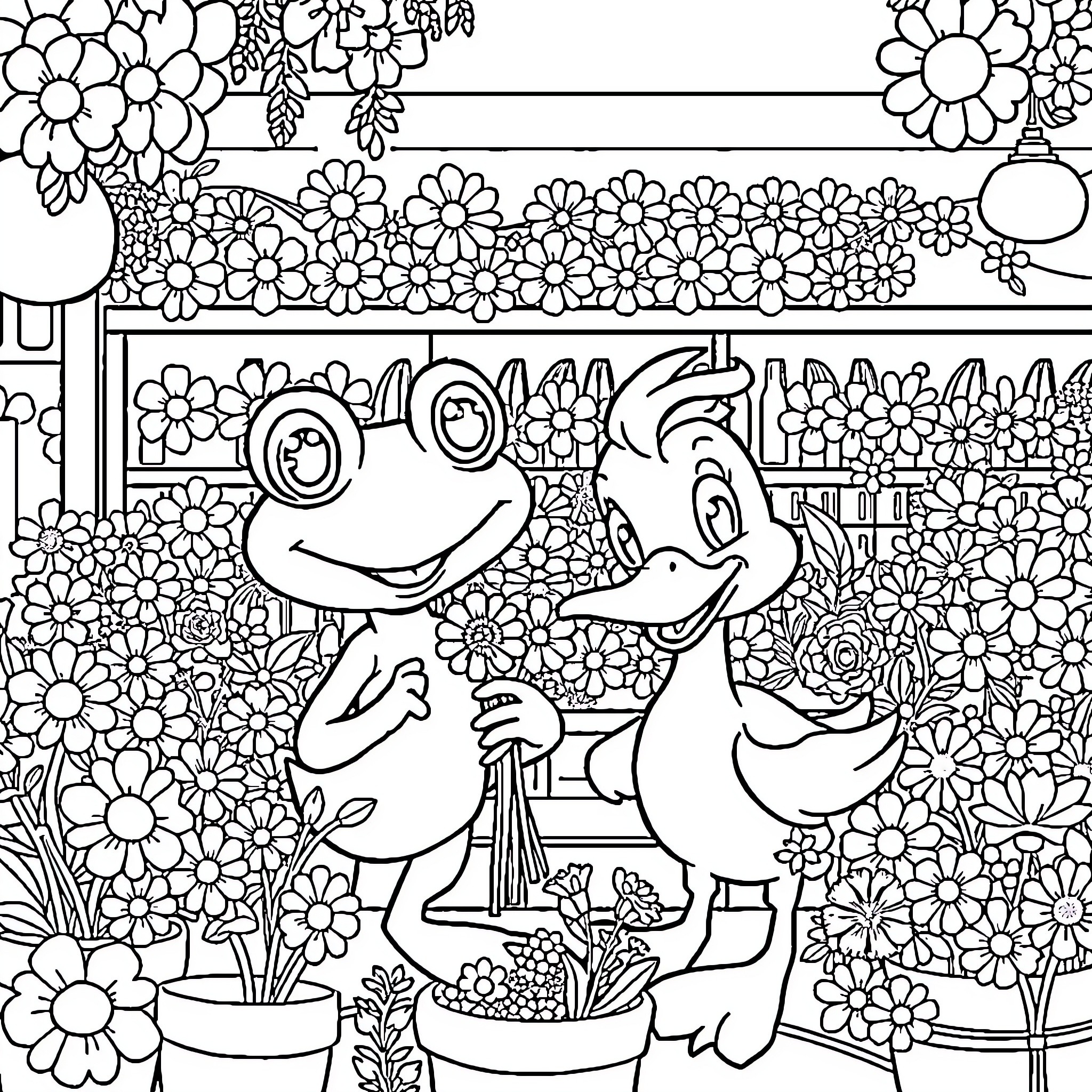 Frog friends in a flower garden Coloring Page (free black-and-white line drawing printable PDF for all, from beginners to advanced learners, including children, teens, adults, and seniors)