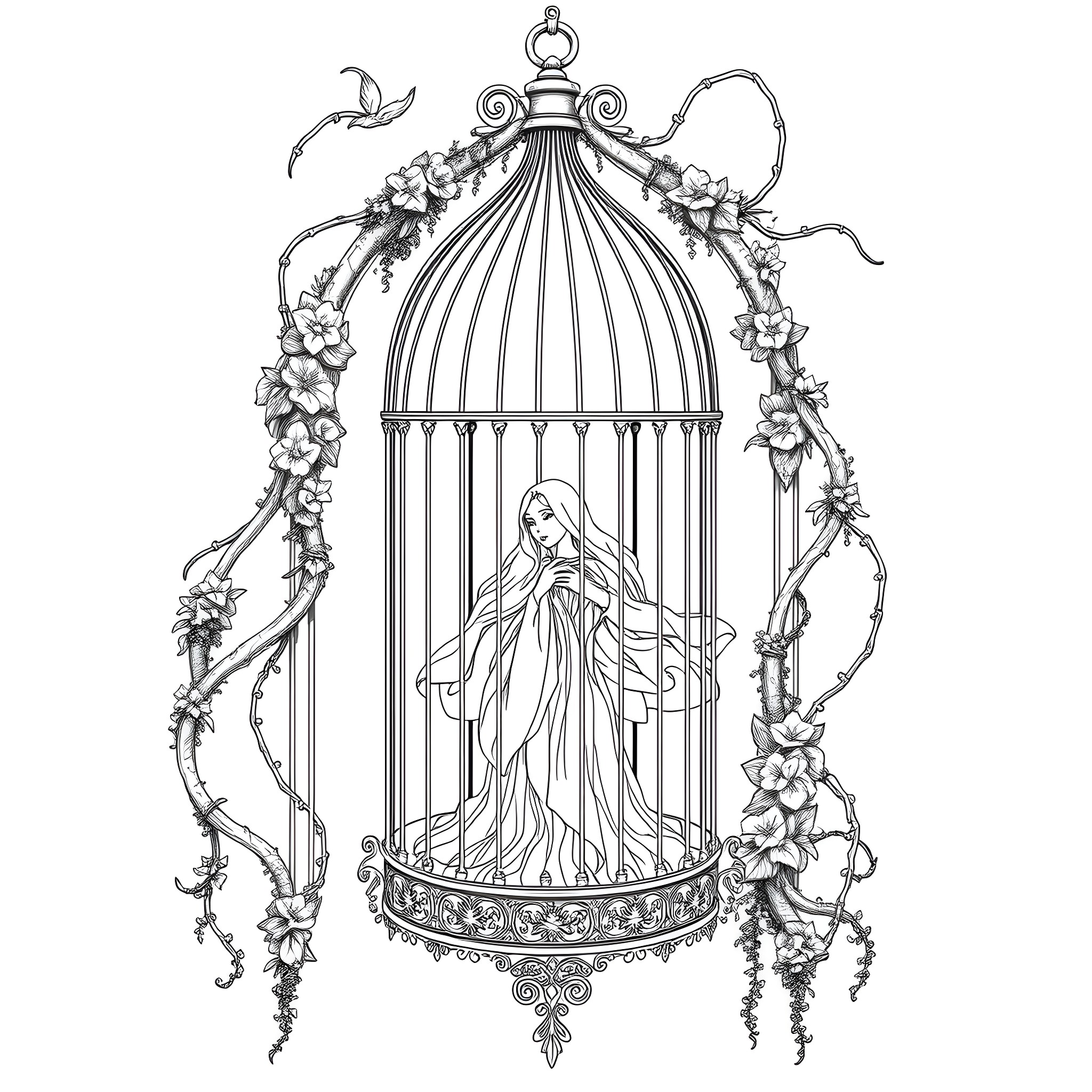 Figure of a Woman in an Ornate Birdcage Coloring Page (free black-and-white line drawing printable PDF for all, from beginners to advanced learners, including children, teens, adults, and seniors)