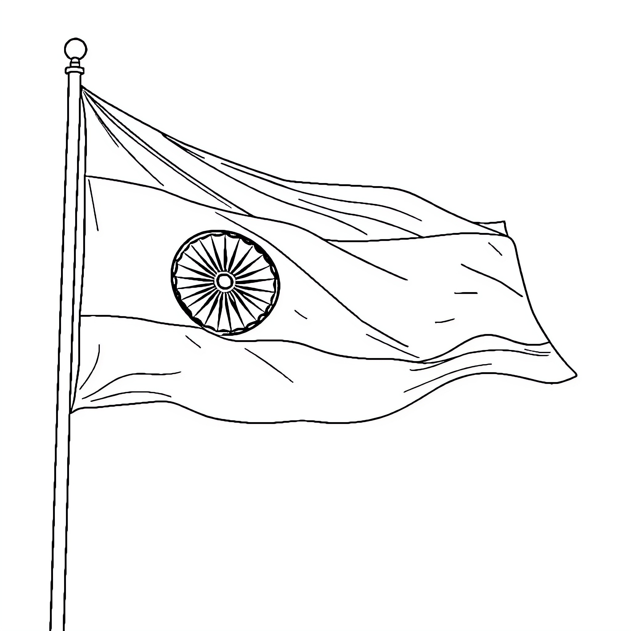 Indian Flag Waving in the Wind Coloring Page (free black-and-white line drawing printable PDF for all, from beginners to advanced learners, including children, teens, adults, and seniors)