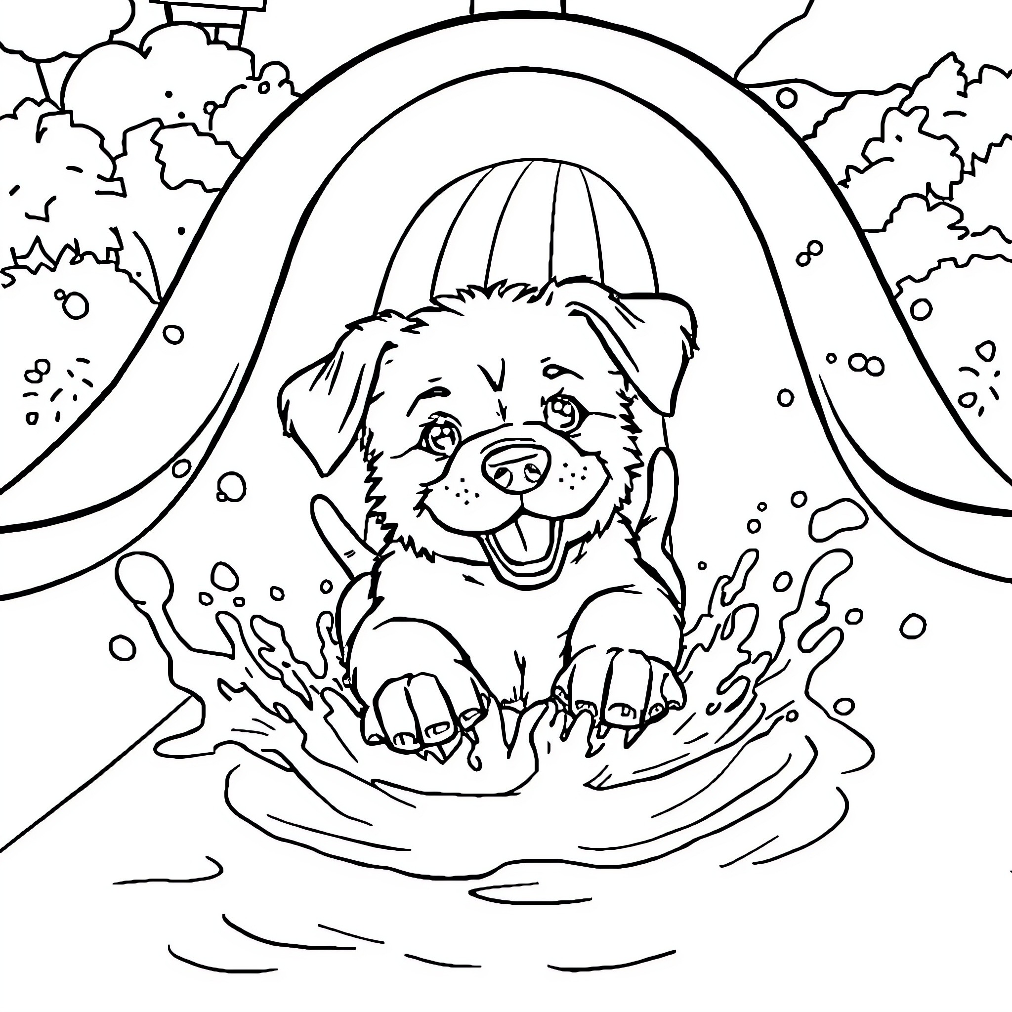 Puppy enjoying a refreshing sprinkle under the sun Coloring Page (free black-and-white line drawing printable PDF for all, from beginners to advanced learners, including children, teens, adults, and seniors)