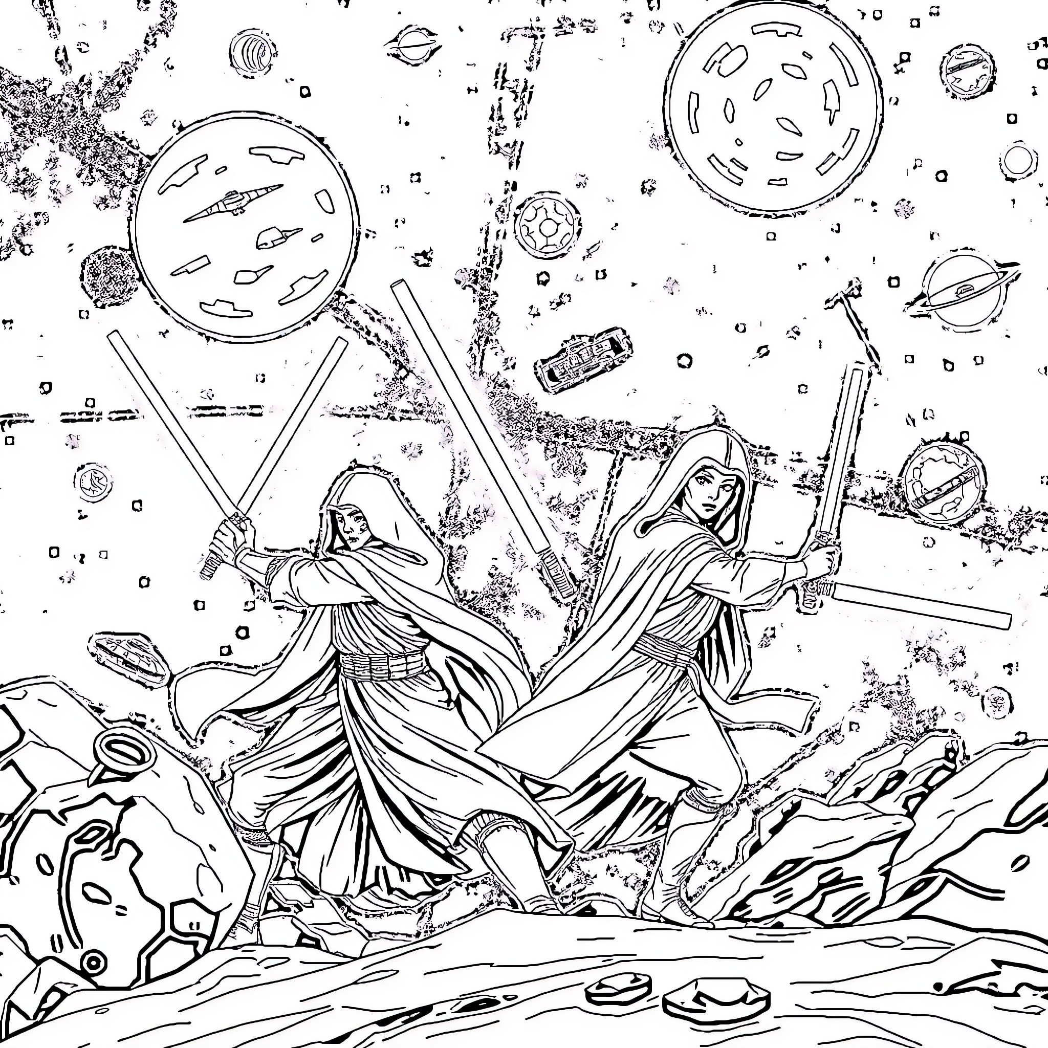 Star Wars: Two Jedi warriors in epic space battle Coloring Page (free black-and-white line drawing printable PDF for all, from beginners to advanced learners, including children, teens, adults, and seniors)