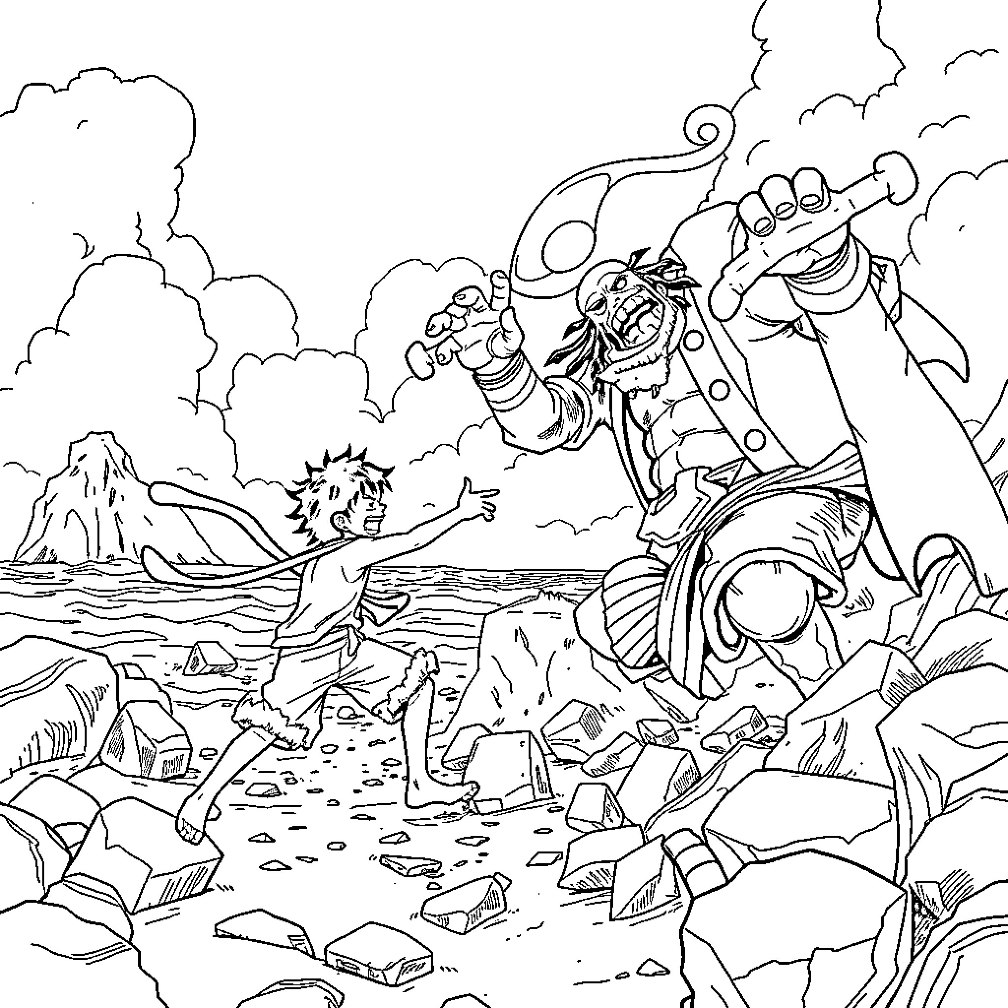 Luffy's Heroic Adventure in the Rugged Landscape Coloring Page (free black-and-white line drawing printable PDF for all, from beginners to advanced learners, including children, teens, adults, and seniors)