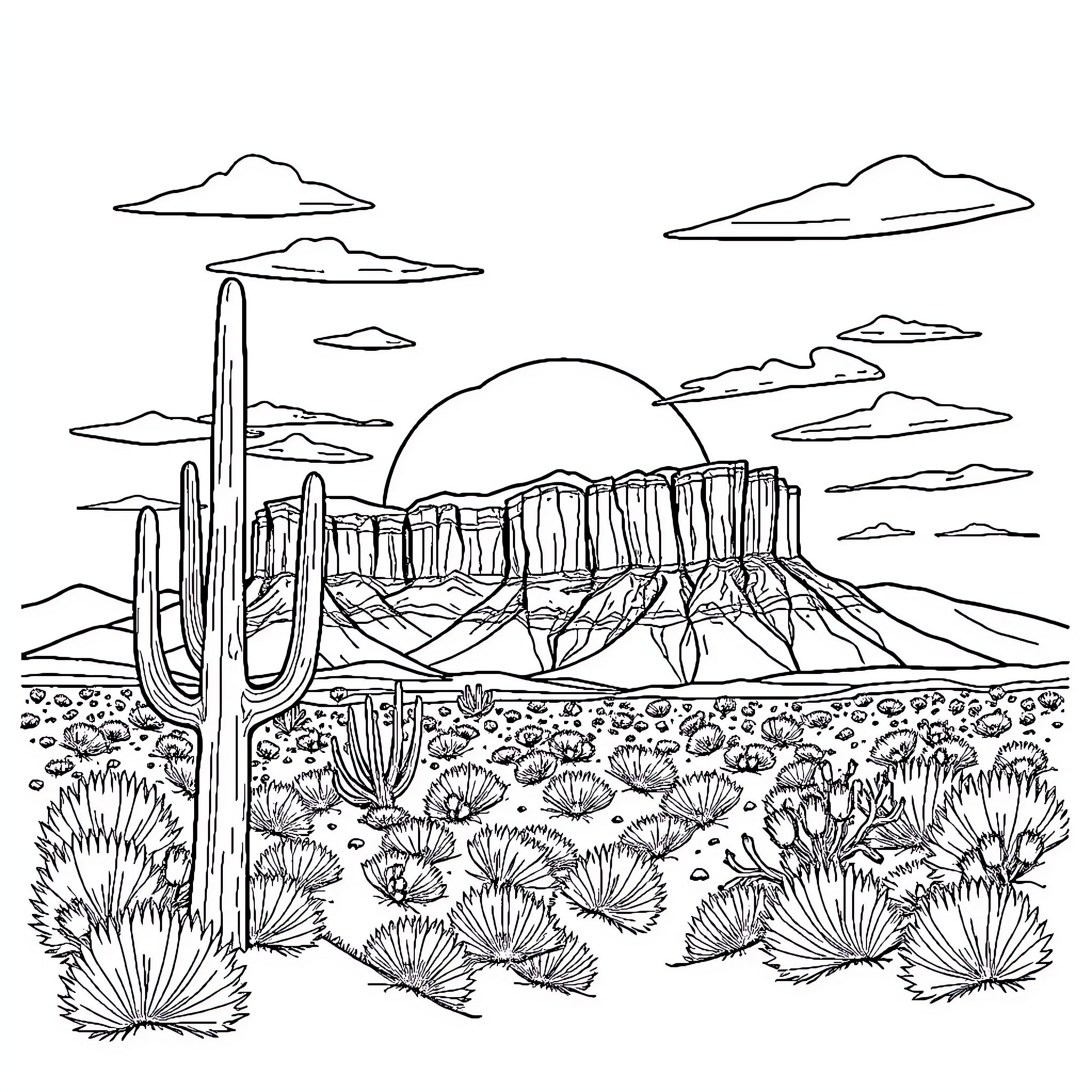 Arizona Desert Landscape with Cacti and Mountains Coloring Page (free black-and-white line drawing printable PDF for all, from beginners to advanced learners, including children, teens, adults, and seniors)