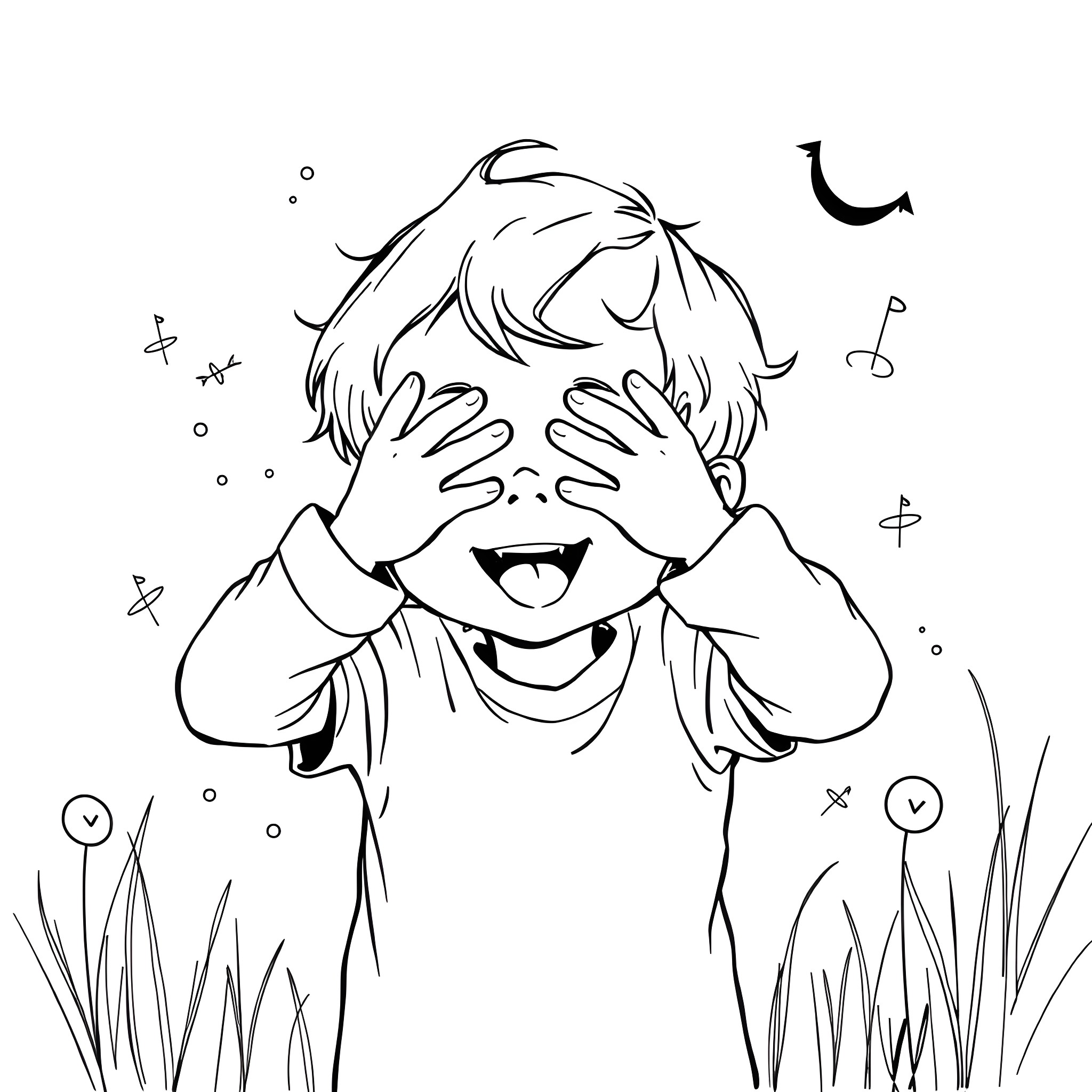 Hand covering happy child's face in nature Coloring Page (free black-and-white line drawing printable PDF for all, from beginners to advanced learners, including children, teens, adults, and seniors)