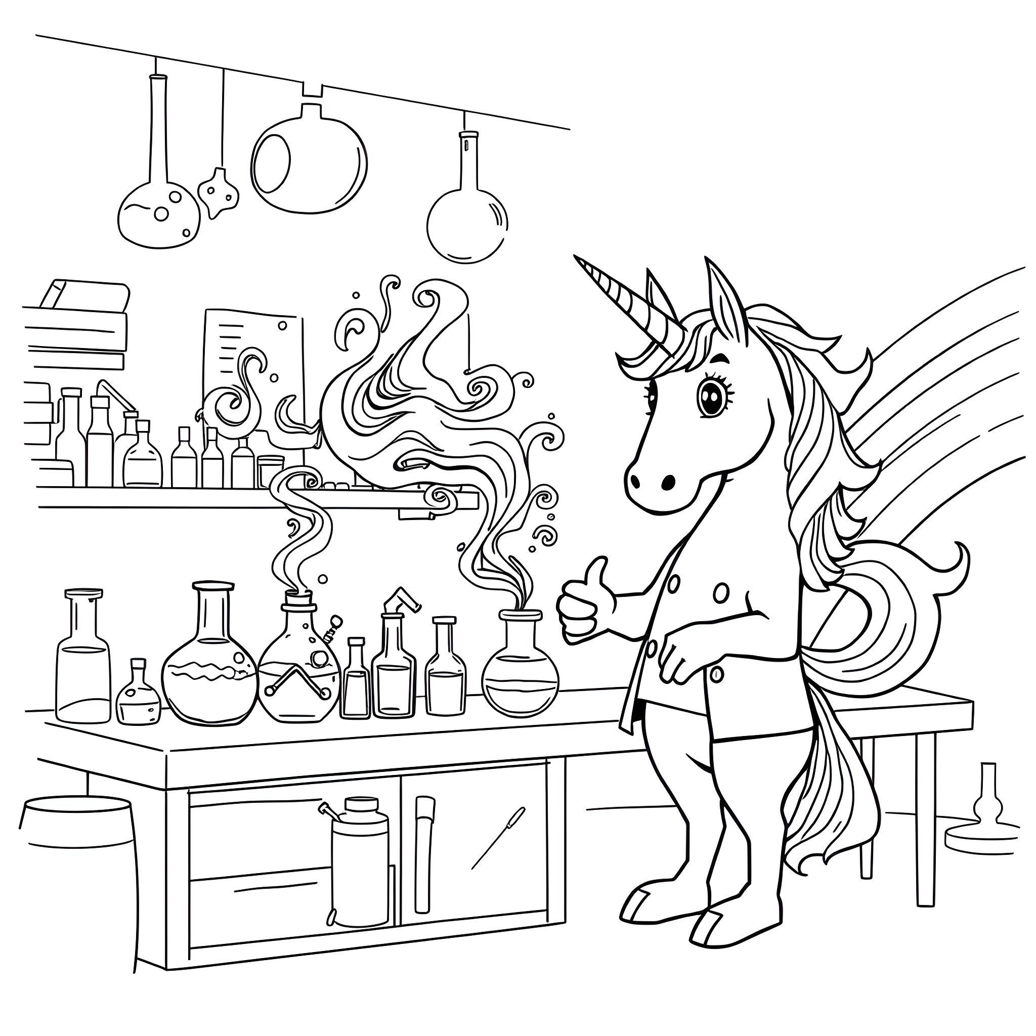 Unicorn conjuring magical potions in a laboratory Coloring Page (free black-and-white line drawing printable PDF for all, from beginners to advanced learners, including children, teens, adults, and seniors)