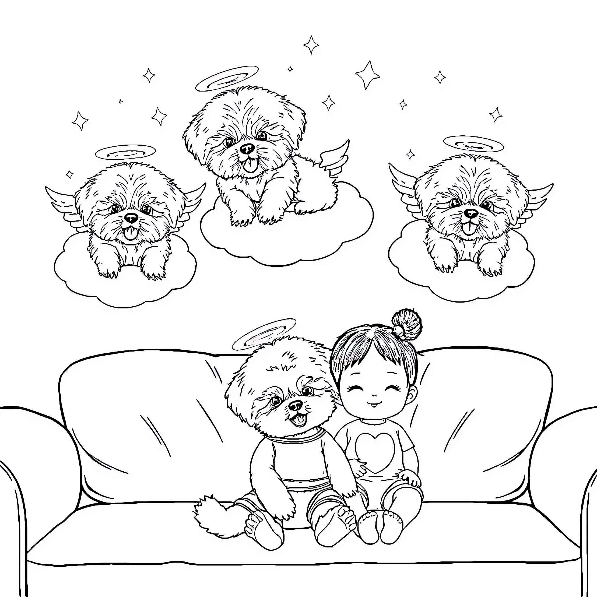 Bichon Frise angels playing on clouds with child Coloring Page (free black-and-white line drawing printable PDF for all, from beginners to advanced learners, including children, teens, adults, and seniors)