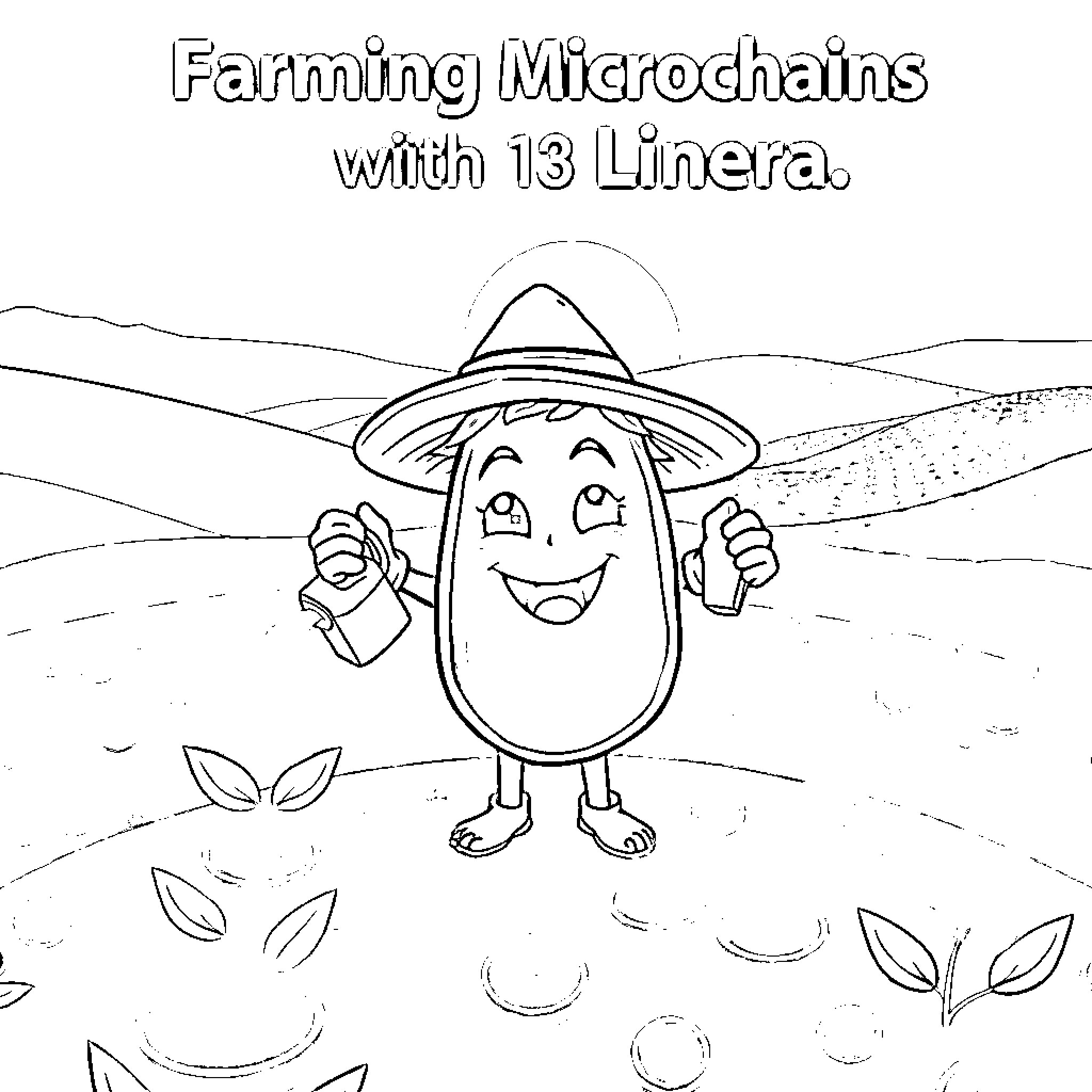 Tomato character farming microchains in the countryside Coloring Page (free black-and-white line drawing printable PDF for all, from beginners to advanced learners, including children, teens, adults, and seniors)