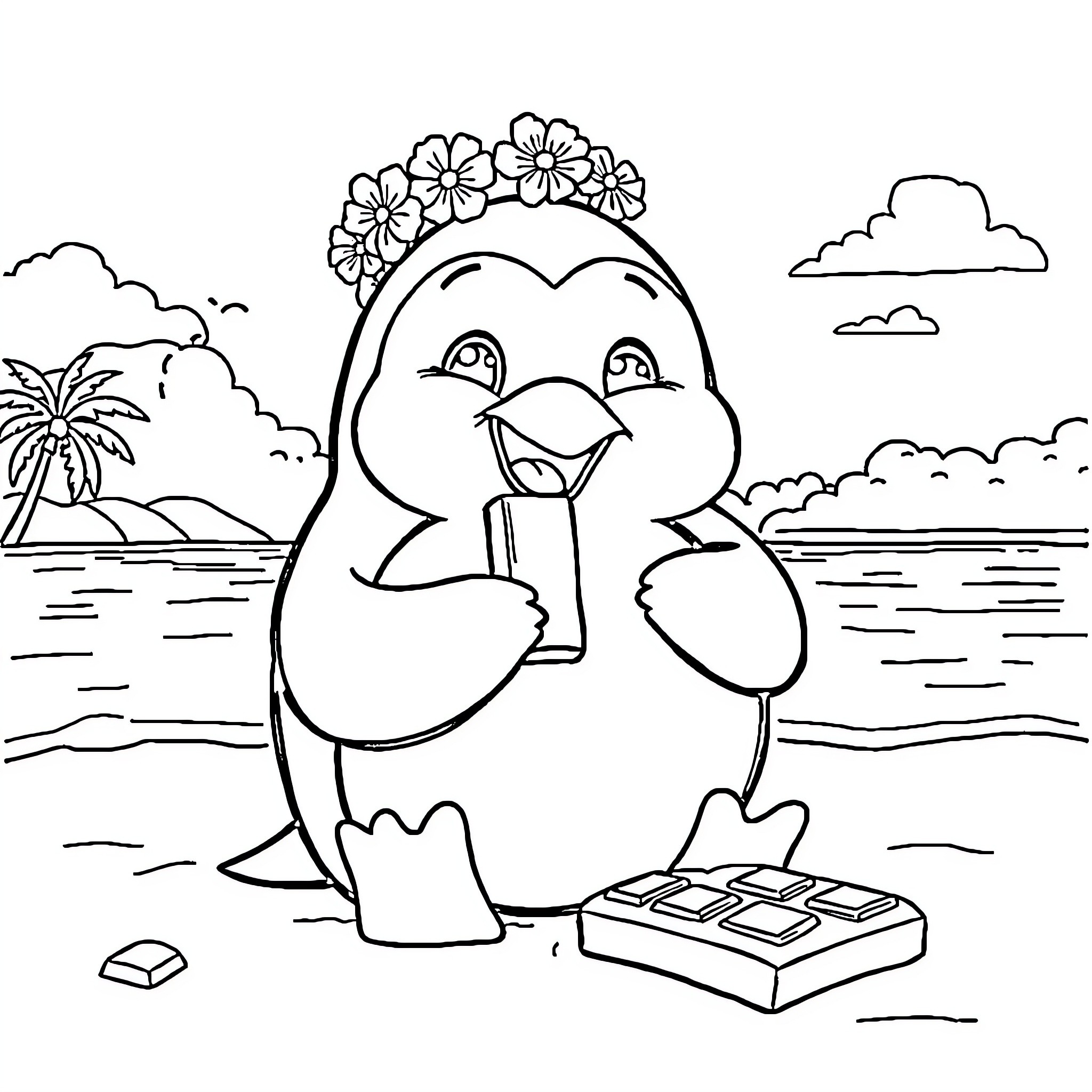 Penguin enjoying a sunny day on the beach Coloring Page (free black-and-white line drawing printable PDF for all, from beginners to advanced learners, including children, teens, adults, and seniors)