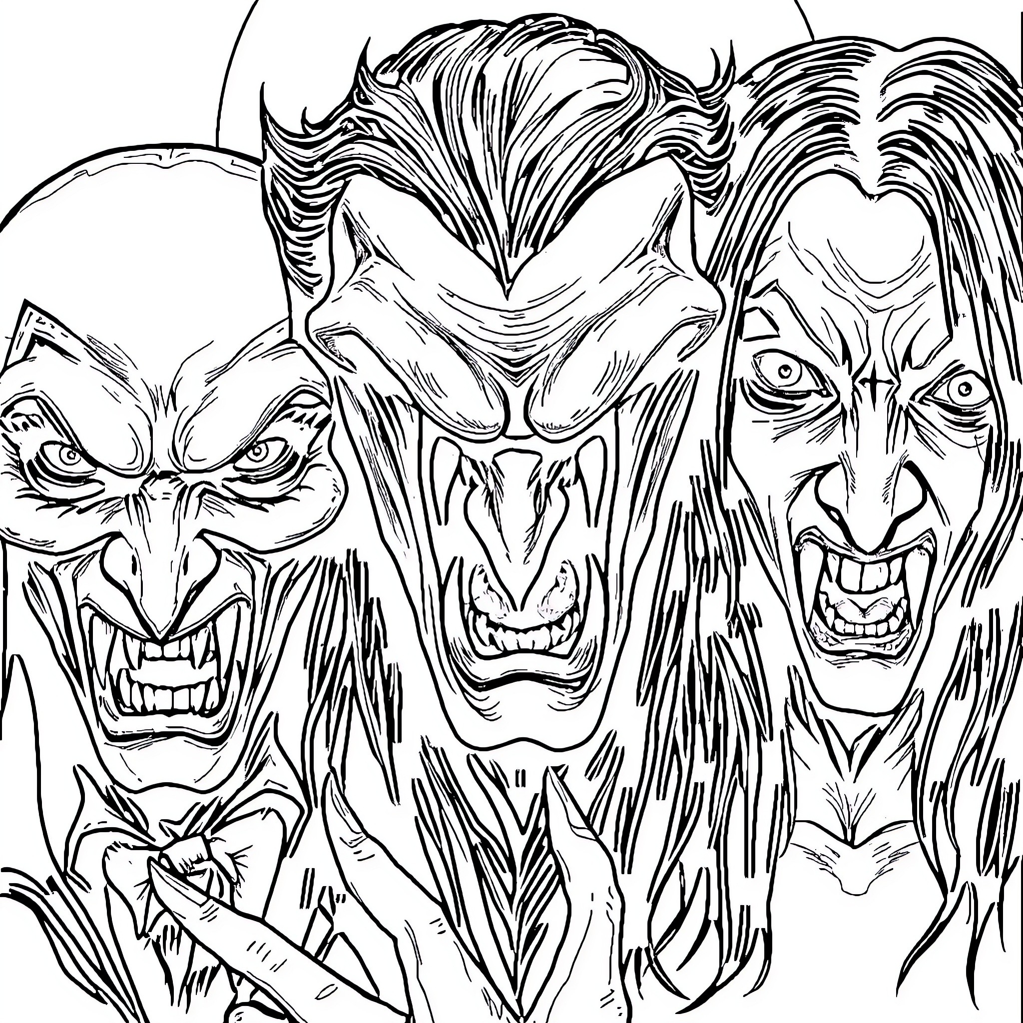 Vampire Creatures Unleash Fierce Expressions Coloring Page (free black-and-white line drawing printable PDF for all, from beginners to advanced learners, including children, teens, adults, and seniors)