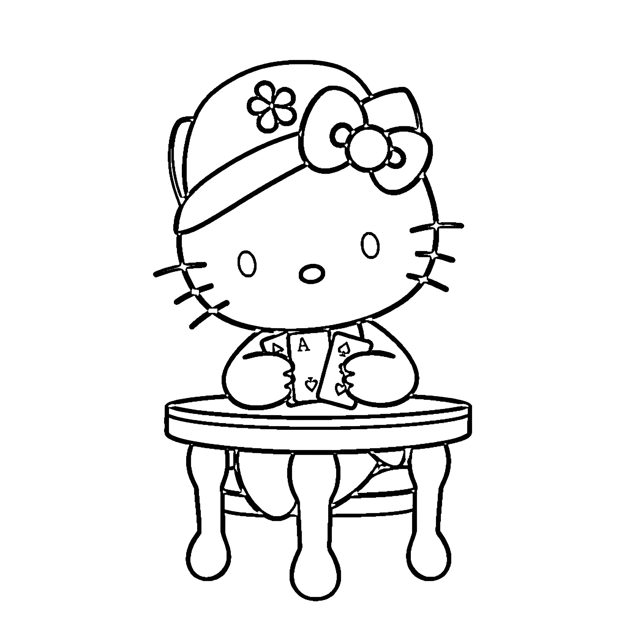 Hello Kitty sitting on a decorative chair Coloring Page (free black-and-white line drawing printable PDF for all, from beginners to advanced learners, including children, teens, adults, and seniors)