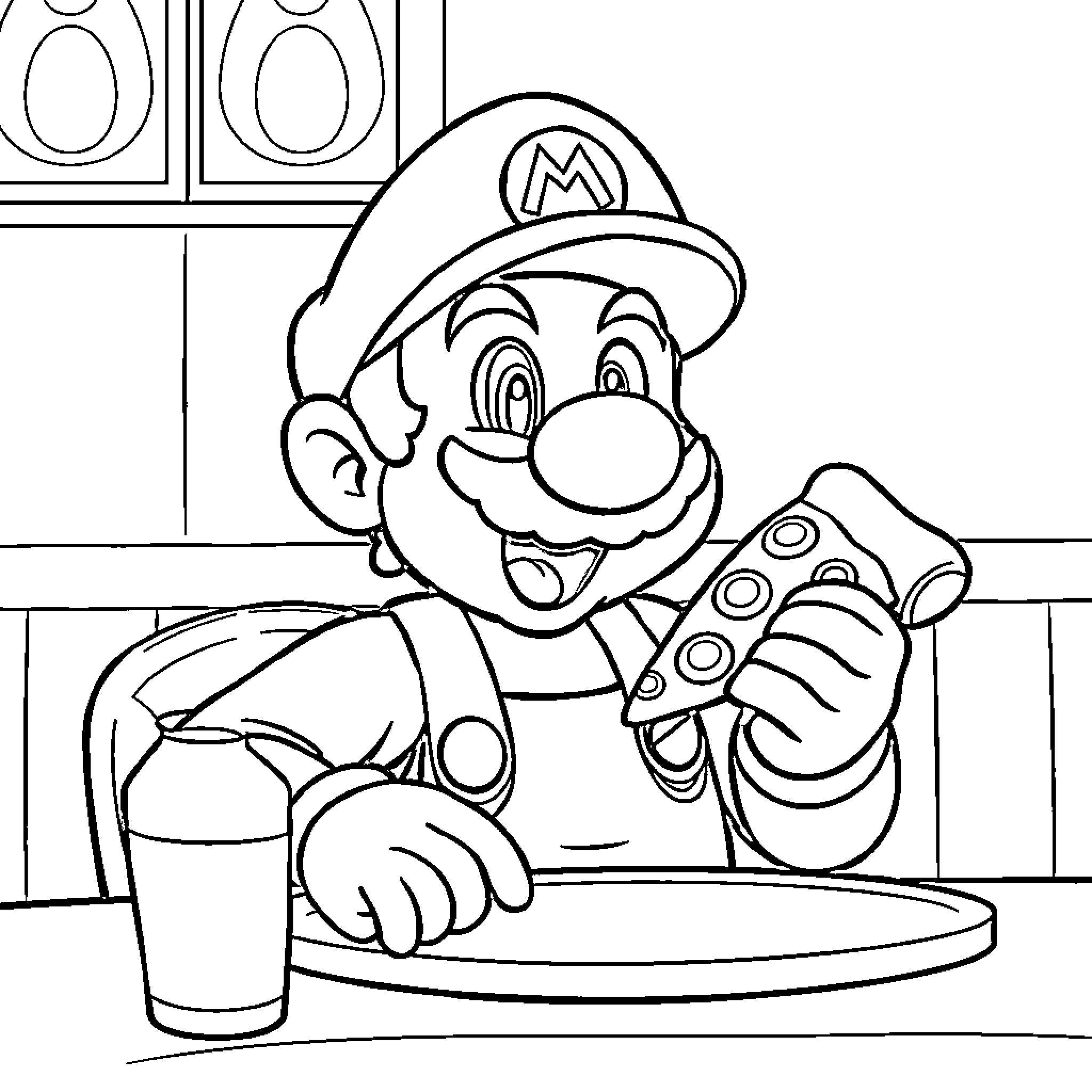 Mario's Cheerful Cooking Adventure Coloring Page (free black-and-white line drawing printable PDF for all, from beginners to advanced learners, including children, teens, adults, and seniors)