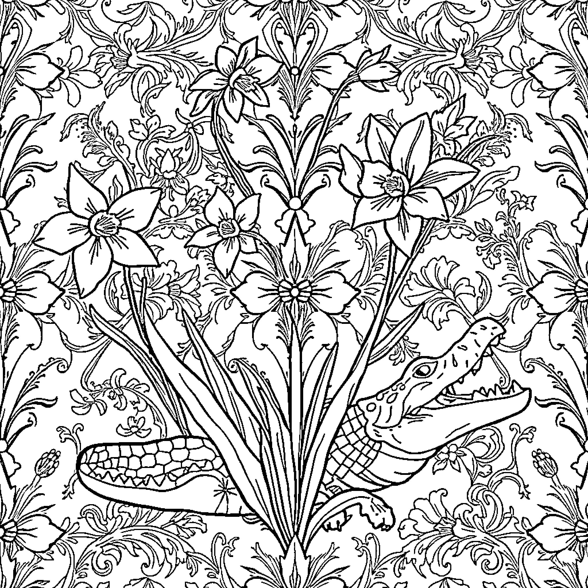Crocodile amidst floral patterns and foliage Coloring Page (free black-and-white line drawing printable PDF for all, from beginners to advanced learners, including children, teens, adults, and seniors)