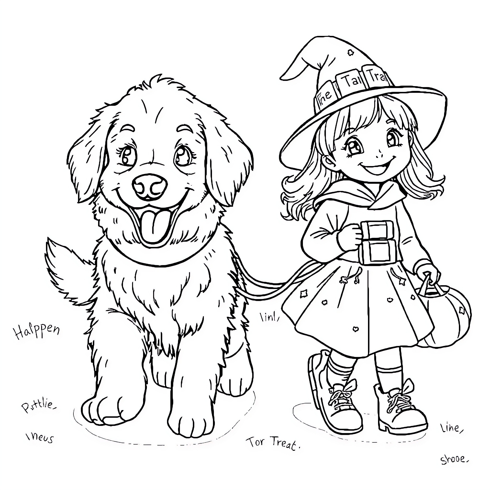 Dog and Witch Girl for Trick or Treat Coloring Page (free black-and-white line drawing printable PDF for all, from beginners to advanced learners, including children, teens, adults, and seniors)