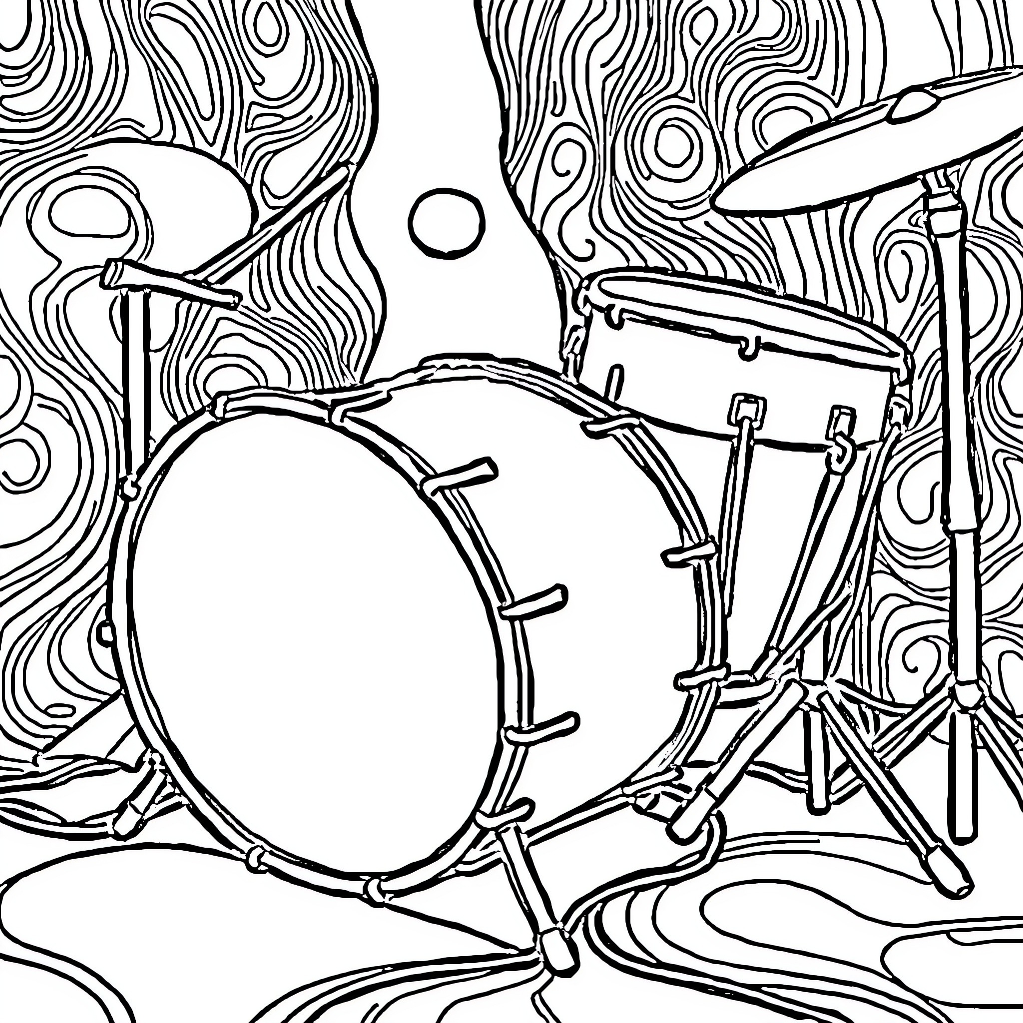 Tung Drums in a Rhythmic Wonderland Coloring Page (free black-and-white line drawing printable PDF for all, from beginners to advanced learners, including children, teens, adults, and seniors)