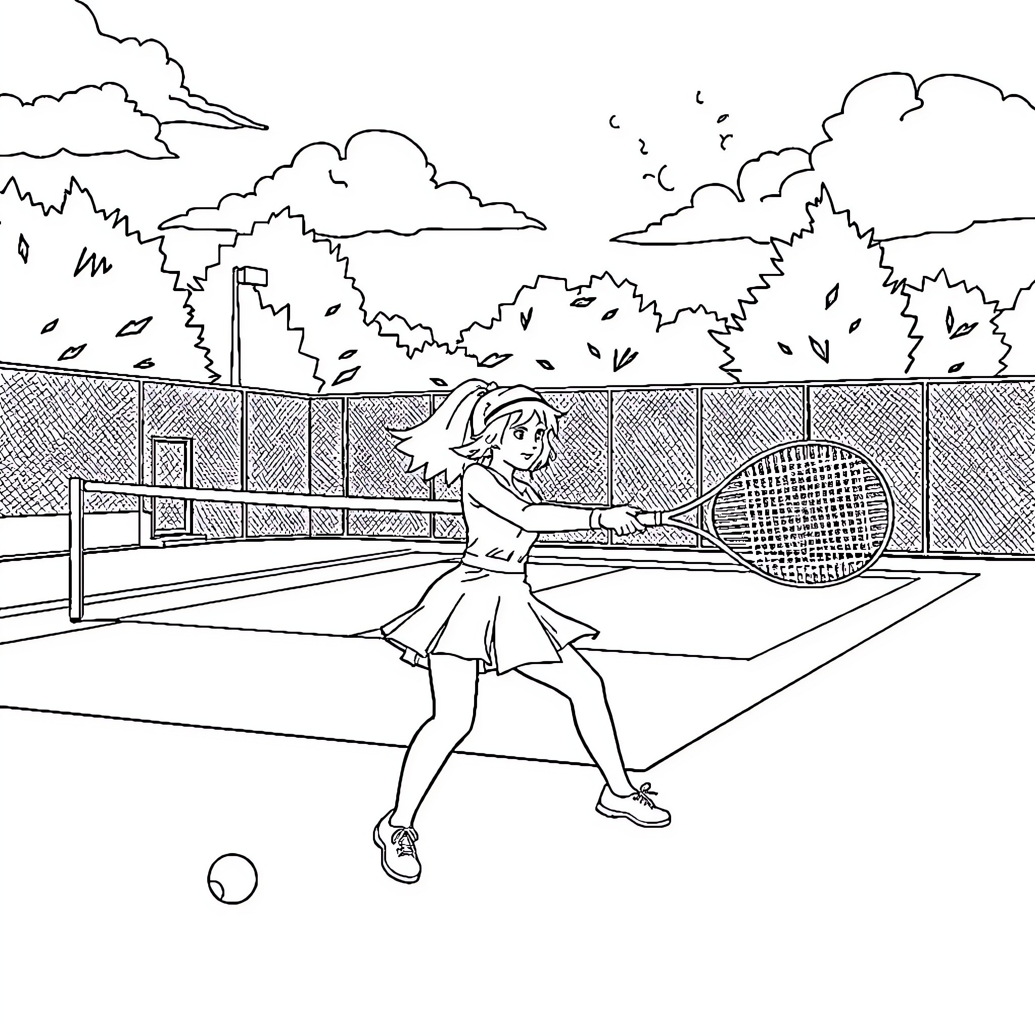 Danael's Exciting Tennis Match on the Court Coloring Page (free black-and-white line drawing printable PDF for all, from beginners to advanced learners, including children, teens, adults, and seniors)