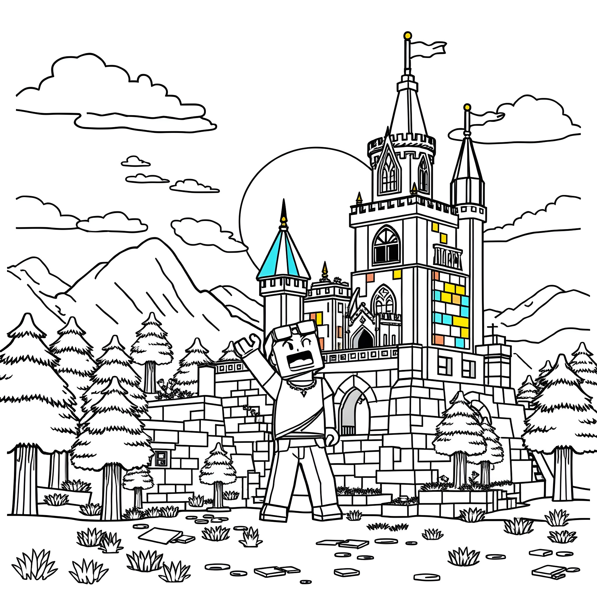 Steve explores the enchanting castle in the mountainous landscape Coloring Page (free black-and-white line drawing printable PDF for all, from beginners to advanced learners, including children, teens, adults, and seniors)