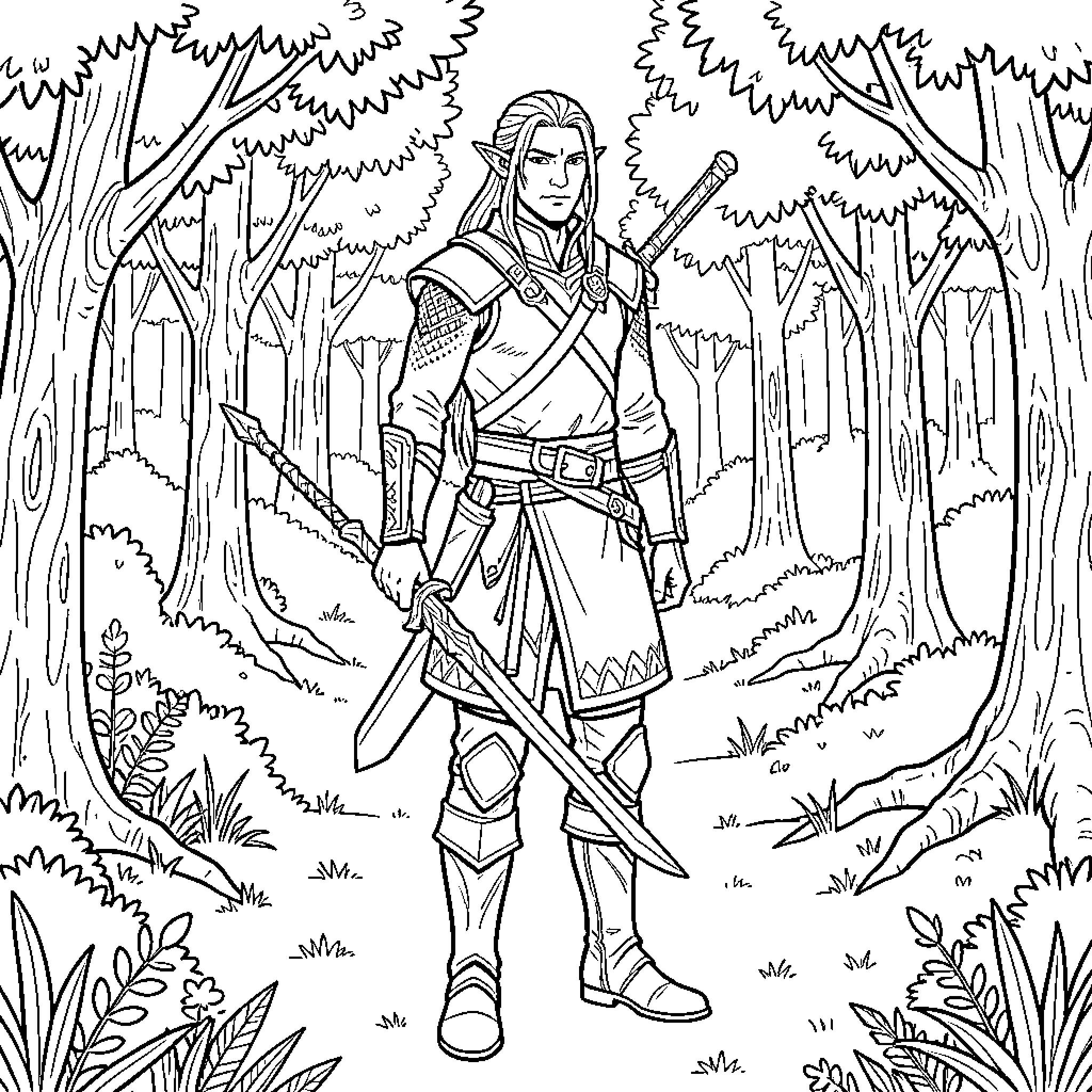 Legolas standing heroically with weapons in a forest Coloring Page (free black-and-white line drawing printable PDF for all, from beginners to advanced learners, including children, teens, adults, and seniors)