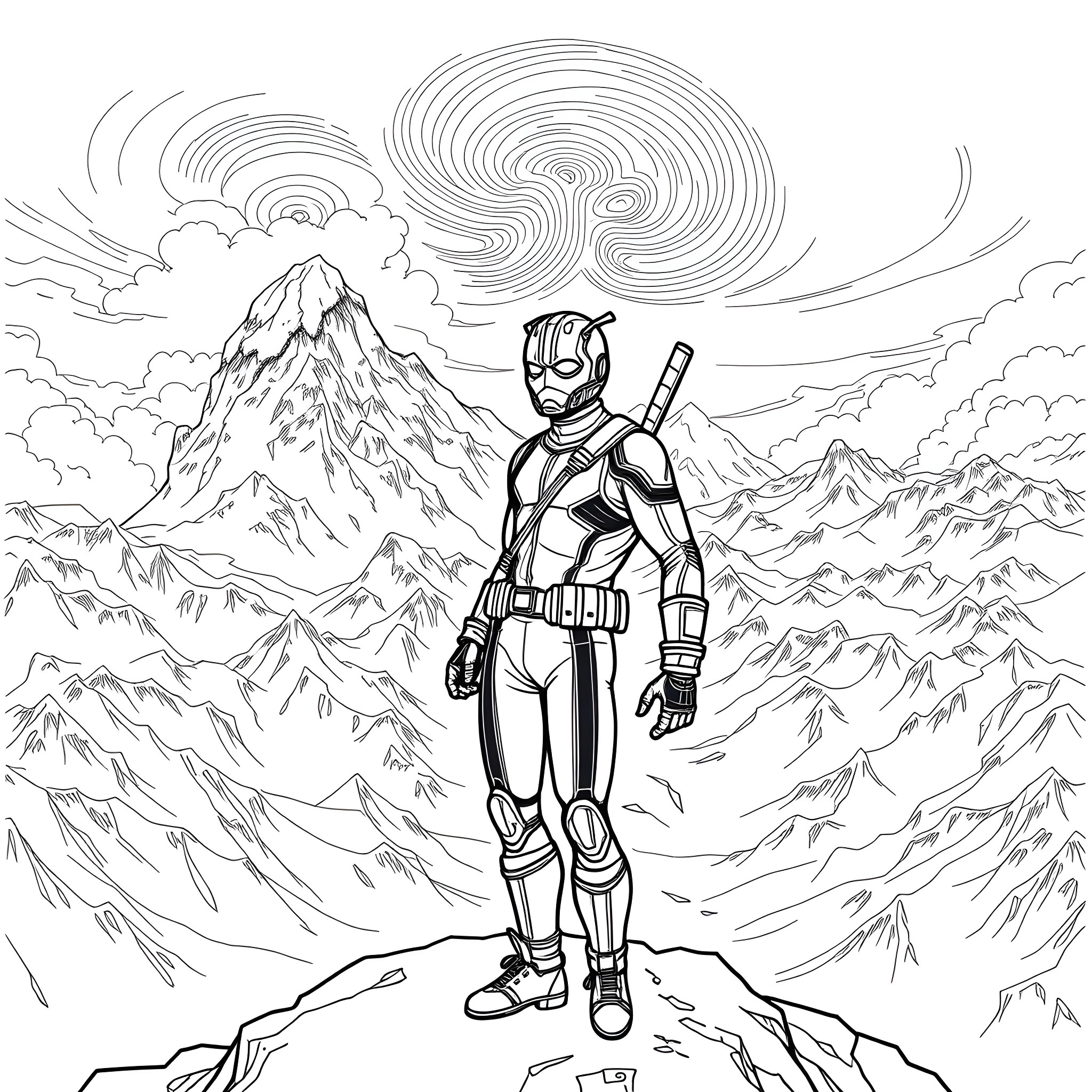 Antman exploring the cosmic mountainous landscape Coloring Page (free black-and-white line drawing printable PDF for all, from beginners to advanced learners, including children, teens, adults, and seniors)