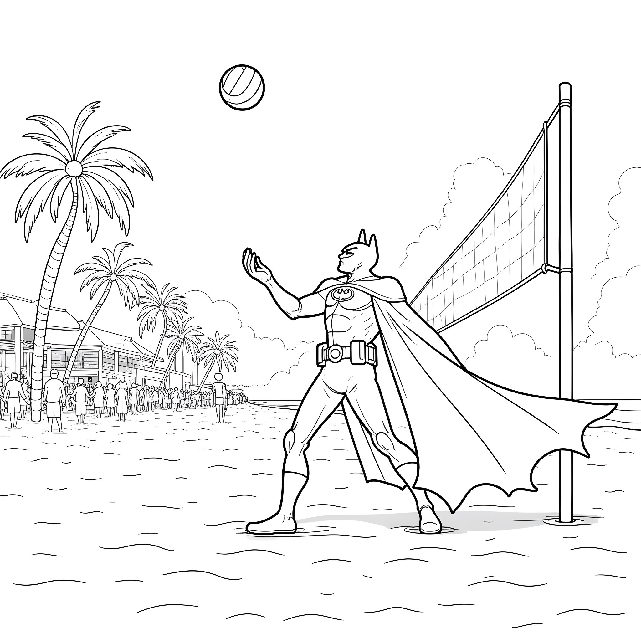 Batman playing volleyball on the beach Coloring Page (free black-and-white line drawing printable PDF for all, from beginners to advanced learners, including children, teens, adults, and seniors)