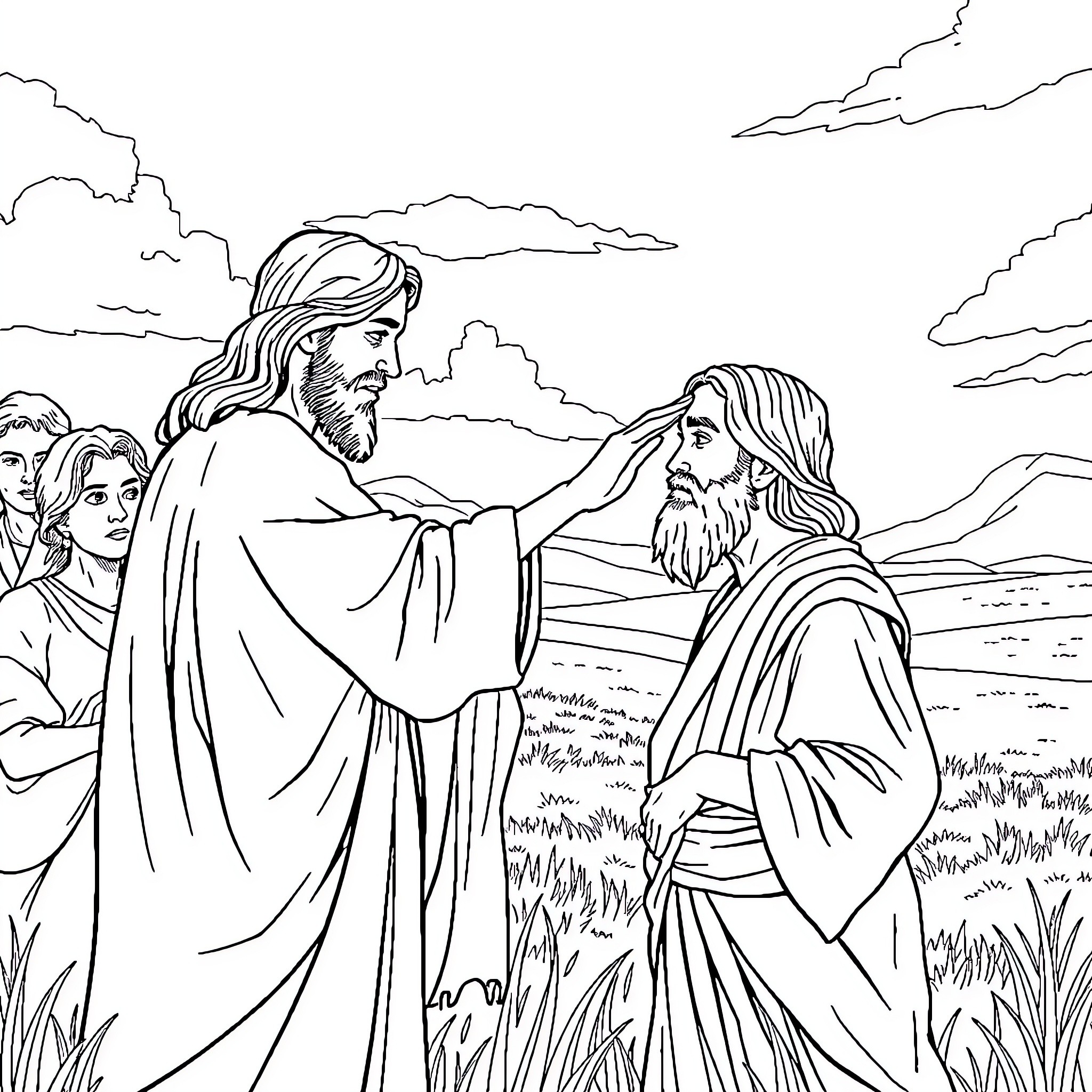 Jesus Teaching and Blessing the Disciples in the Countryside Coloring Page (free black-and-white line drawing printable PDF for all, from beginners to advanced learners, including children, teens, adults, and seniors)