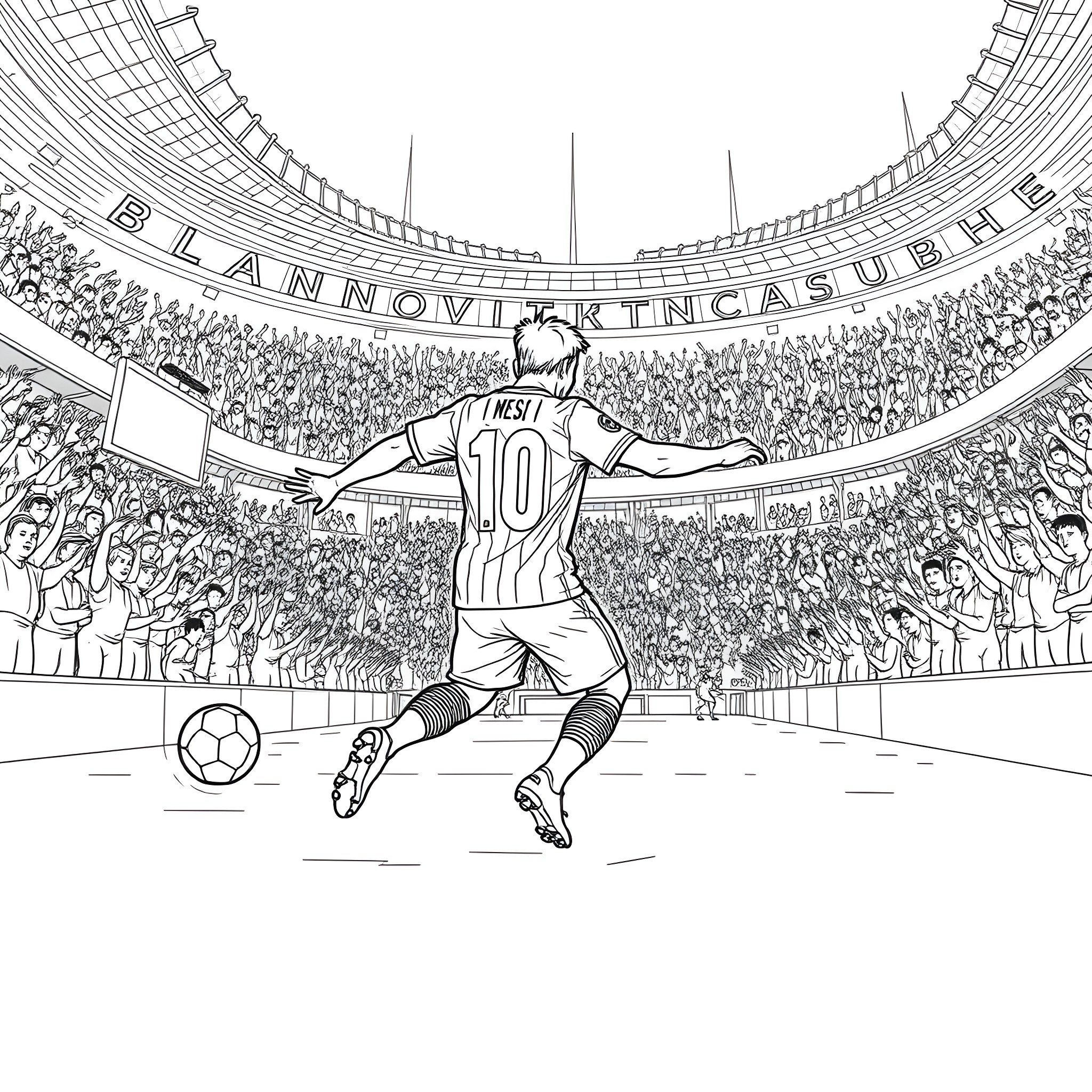 Messi Dribbling through Cheering Fans in Stadium Coloring Page (free black-and-white line drawing printable PDF for all, from beginners to advanced learners, including children, teens, adults, and seniors)