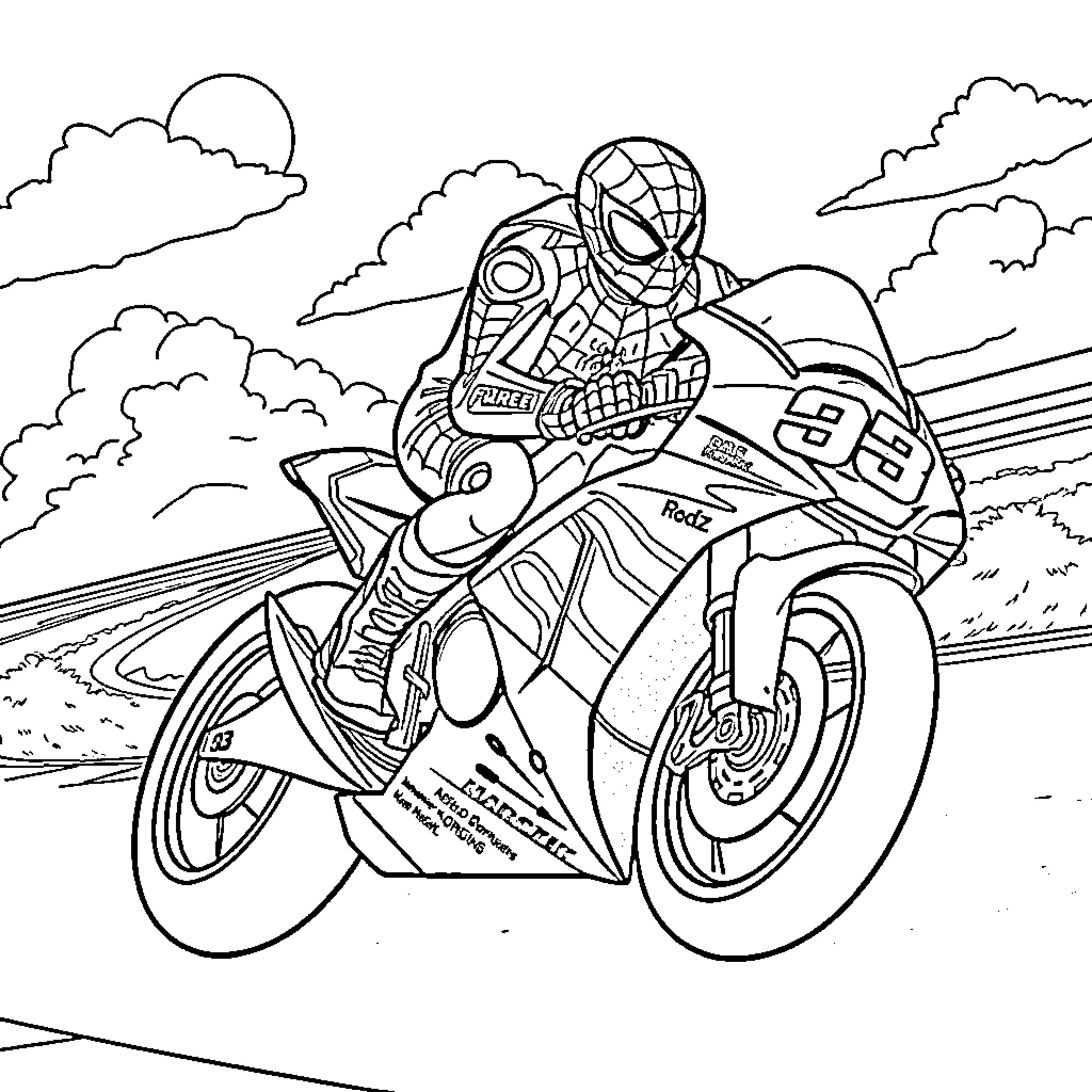 Spiderman riding a high-speed motorcycle on the open road Coloring Page (free black-and-white line drawing printable PDF for all, from beginners to advanced learners, including children, teens, adults, and seniors)