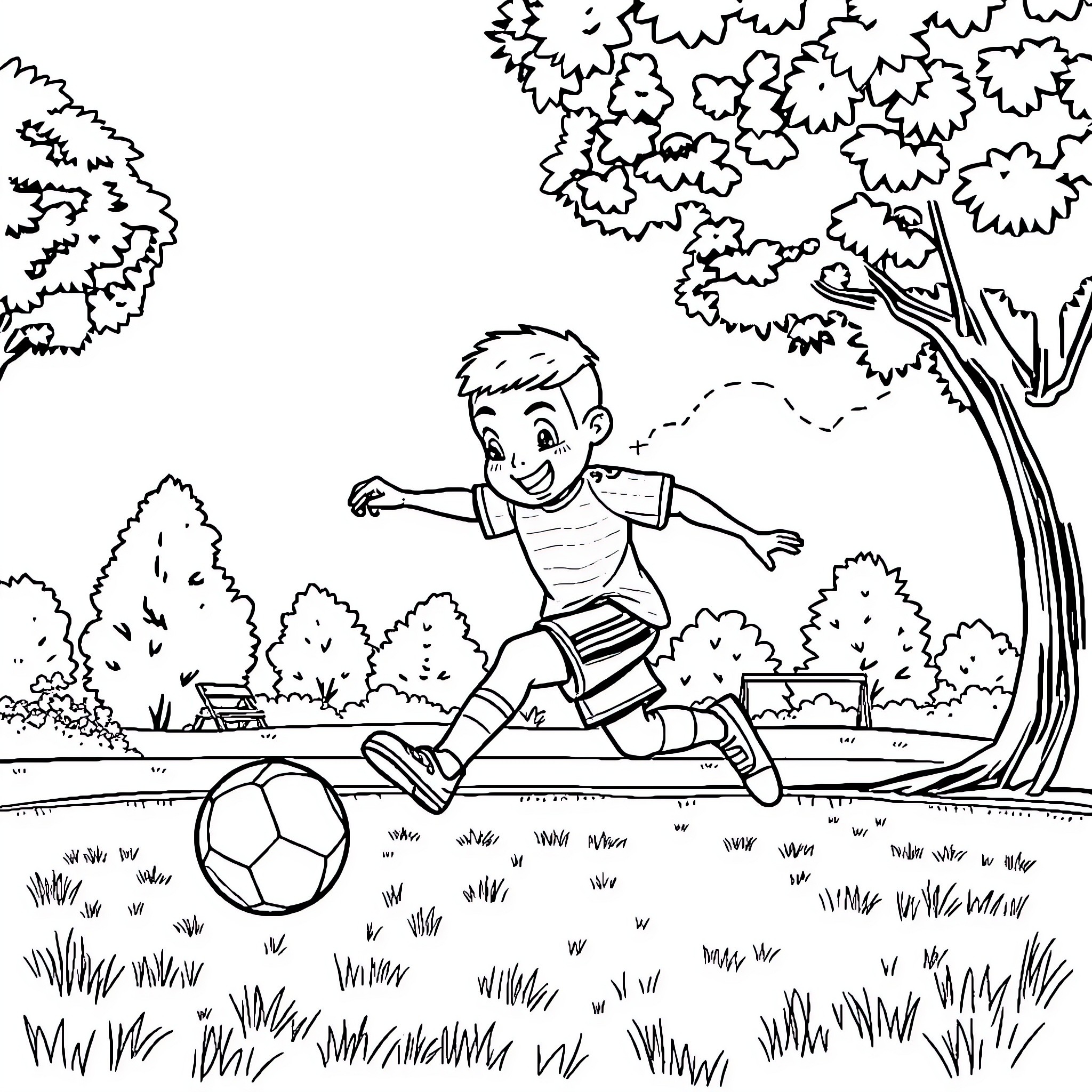 Labubu enjoying a lively soccer game in the park Coloring Page (free black-and-white line drawing printable PDF for all, from beginners to advanced learners, including children, teens, adults, and seniors)