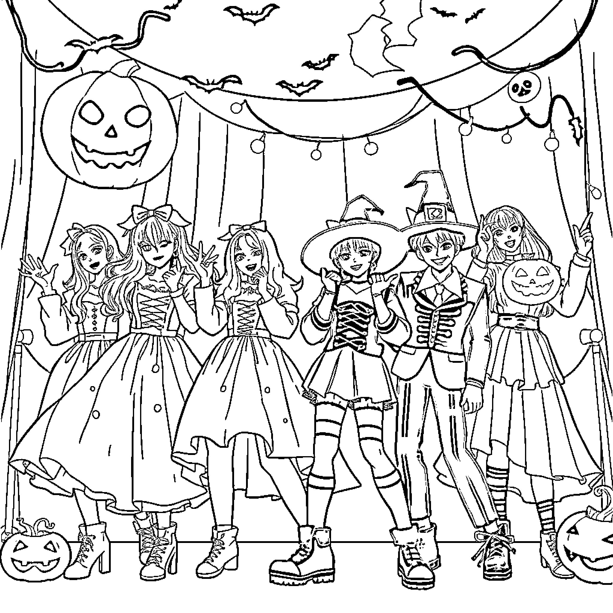 K Pop Halloween Celebration with Costumes and Decorations Coloring Page (free black-and-white line drawing printable PDF for all, from beginners to advanced learners, including children, teens, adults, and seniors)