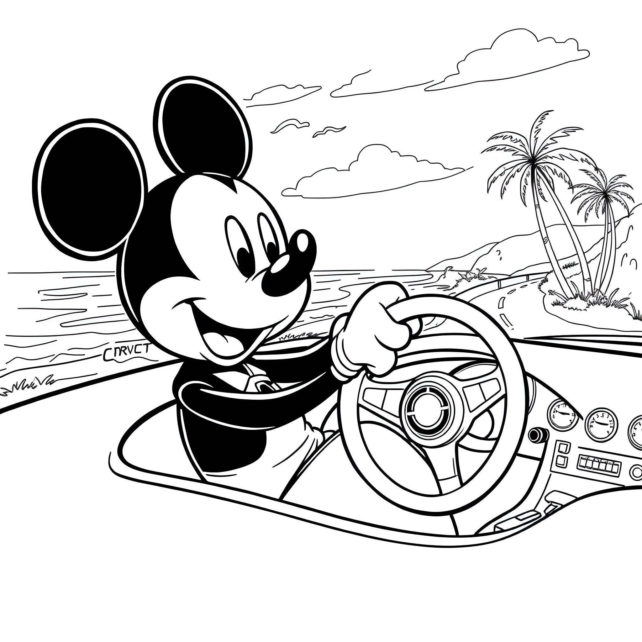 Mickey Mouse driving a car on the beach Coloring Page (free black-and-white line drawing printable PDF for all, from beginners to advanced learners, including children, teens, adults, and seniors)