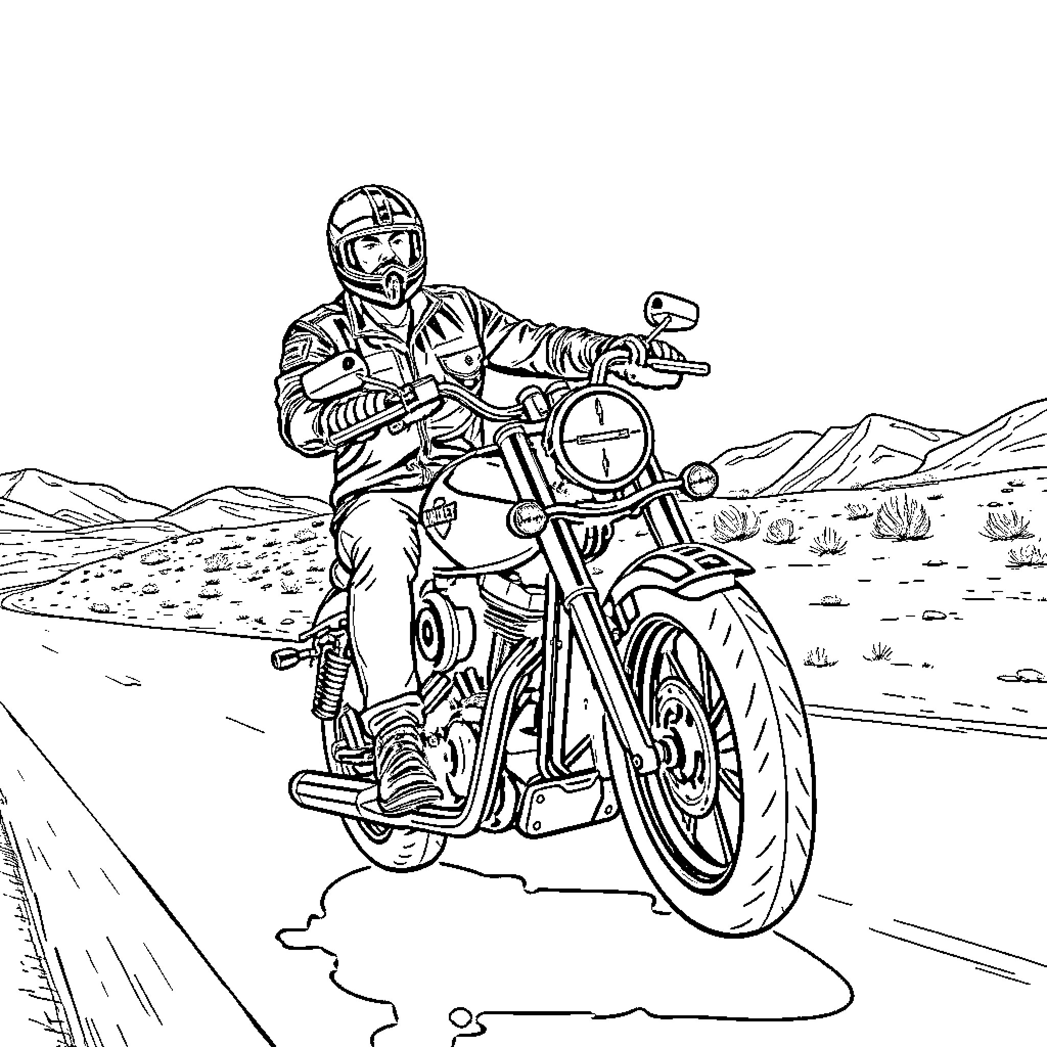 Biker riding motorcycle through rugged desert landscape Coloring Page (free black-and-white line drawing printable PDF for all, from beginners to advanced learners, including children, teens, adults, and seniors)