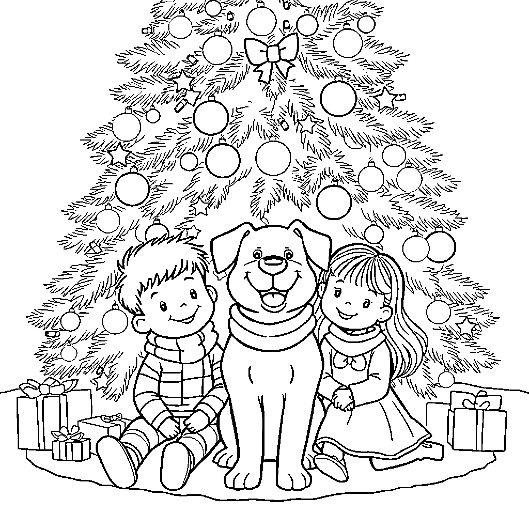 Dog and children enjoying Christmas tree Coloring Page (free black-and-white line drawing printable PDF for all, from beginners to advanced learners, including children, teens, adults, and seniors)