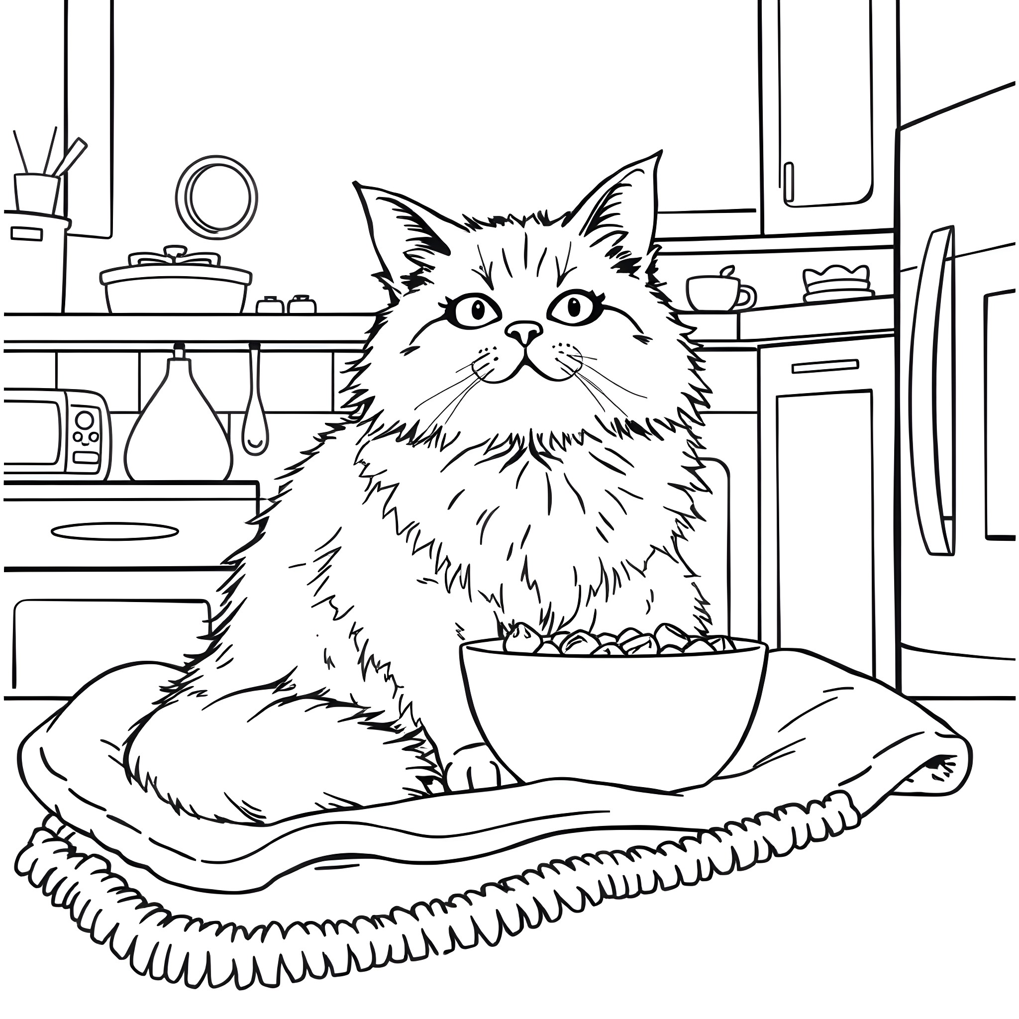 Cat enjoying meal in the kitchen Coloring Page (free black-and-white line drawing printable PDF for all, from beginners to advanced learners, including children, teens, adults, and seniors)