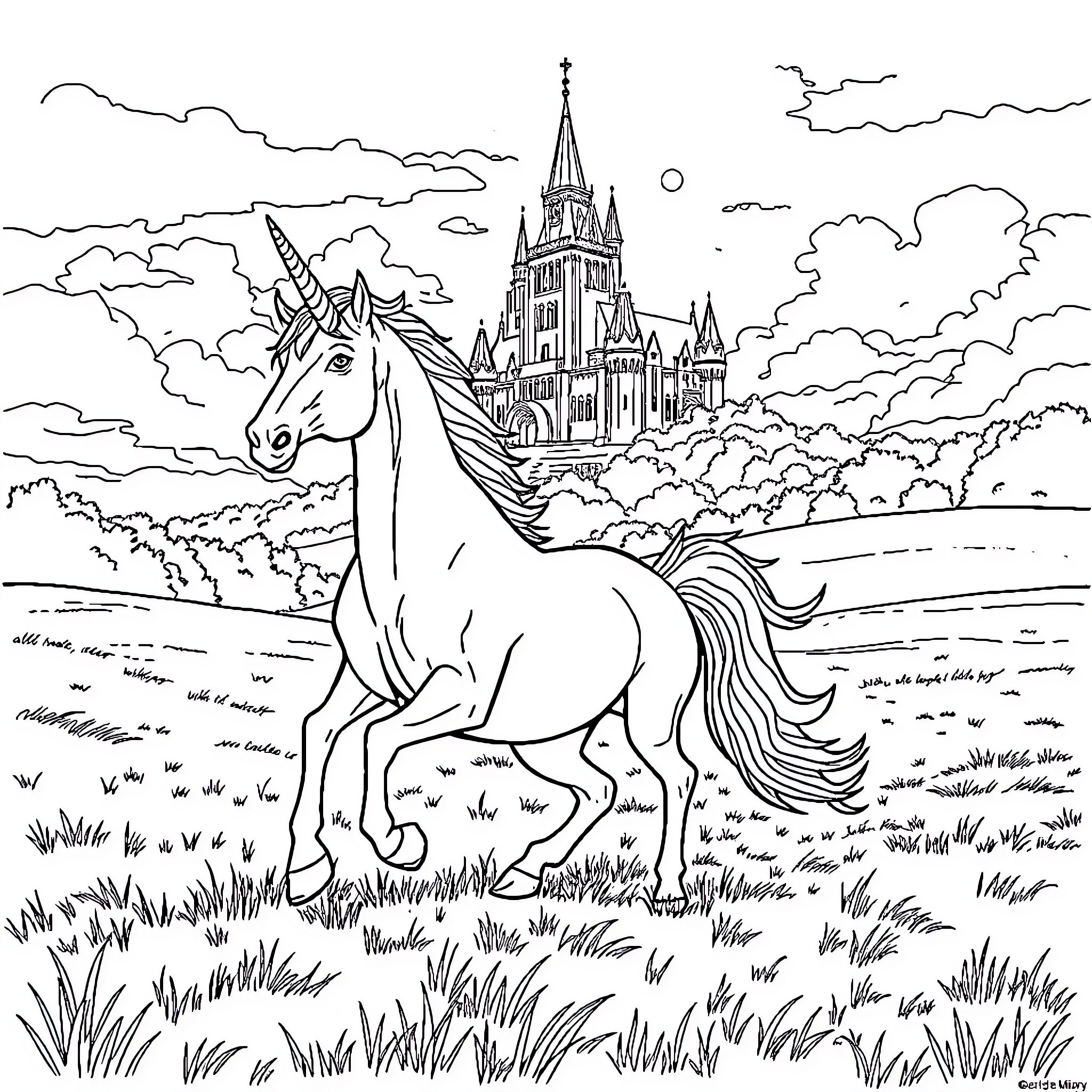 Unicorn galloping in a magical landscape Coloring Page (free black-and-white line drawing printable PDF for all, from beginners to advanced learners, including children, teens, adults, and seniors)